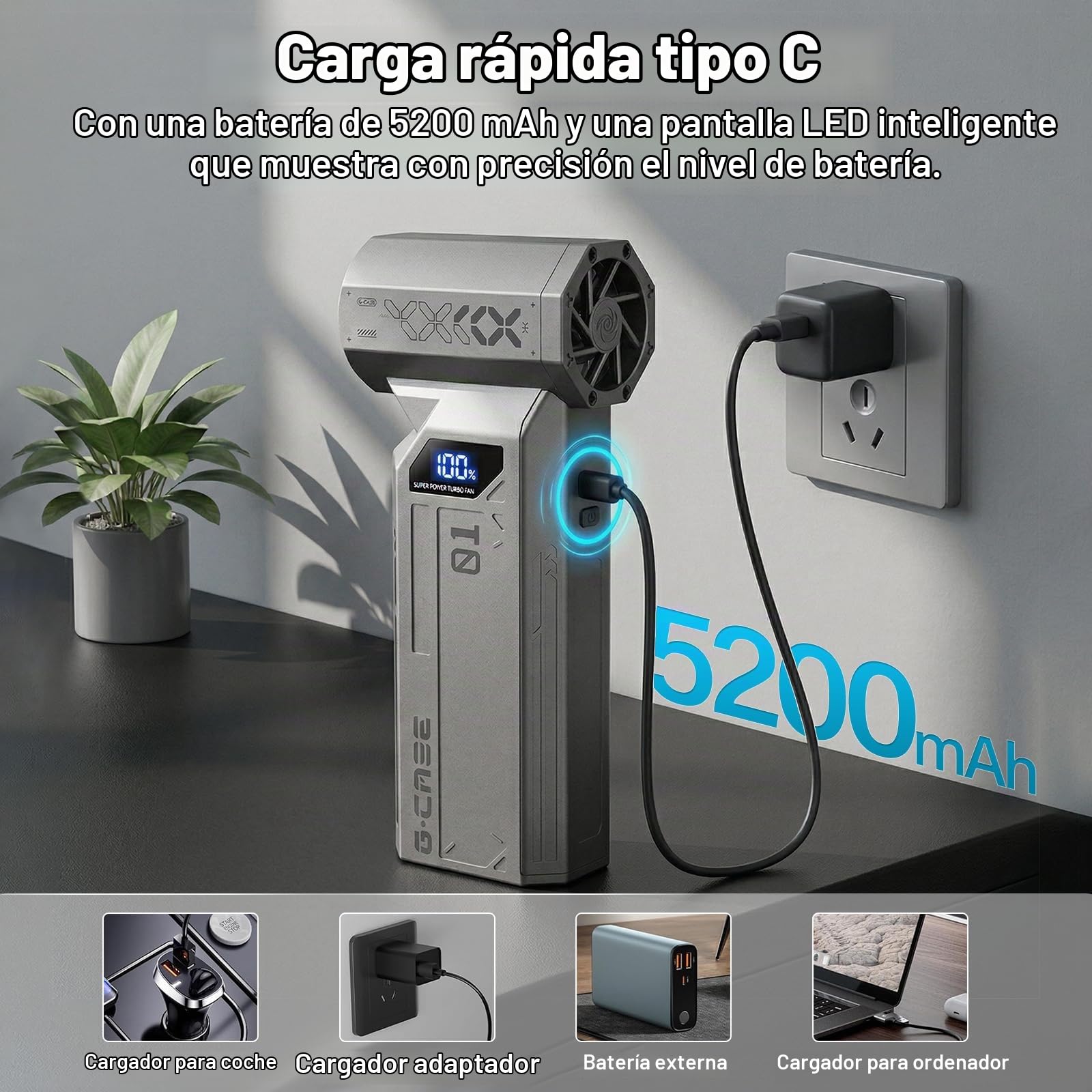 Soplador de Aire Comprimido PC, Soplador de Polvo Inalámbrico Portátil Recargable con luz, Air Duster Eléctrico 4 Velocidades para PC, Hogar, Coche y Exterior con 4 Boquillas (Plateado Gris)