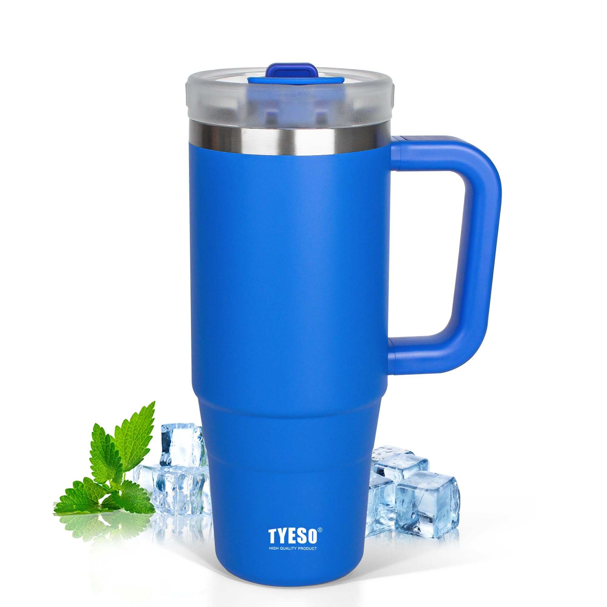 Tyeso 30 oz Tumbler with Handle, Straw and Lid - Leak Resistant Insulated Stainless Steel Water Bottle, Car Cup Holder Friendly Travel Coffee Mug Blue - Gifts for Men & Women