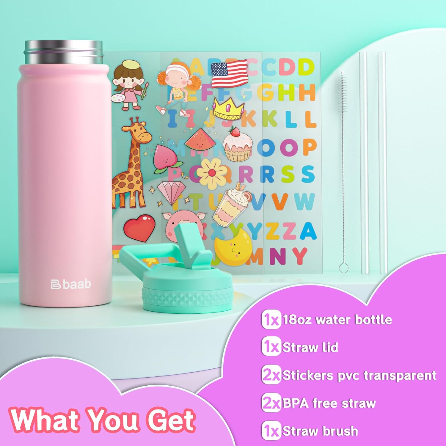 baab 18oz Kids Water Bottle, Insulated Water Bottle with Straw & Stickers, 18/8 Stainless Steel Vacuum Leakproof Kids Water Straw Cup for School, Perfect for Boy Girl (Pink, 1 Pack) - Image 7