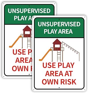 2 Pack Unsupervised Play Area at Own Risk Sign, 10 x 14 inch Metal Reflective Rust Free Aluminum Sign, Weather Resistant, Waterproof, Durable Ink, Easy to Install