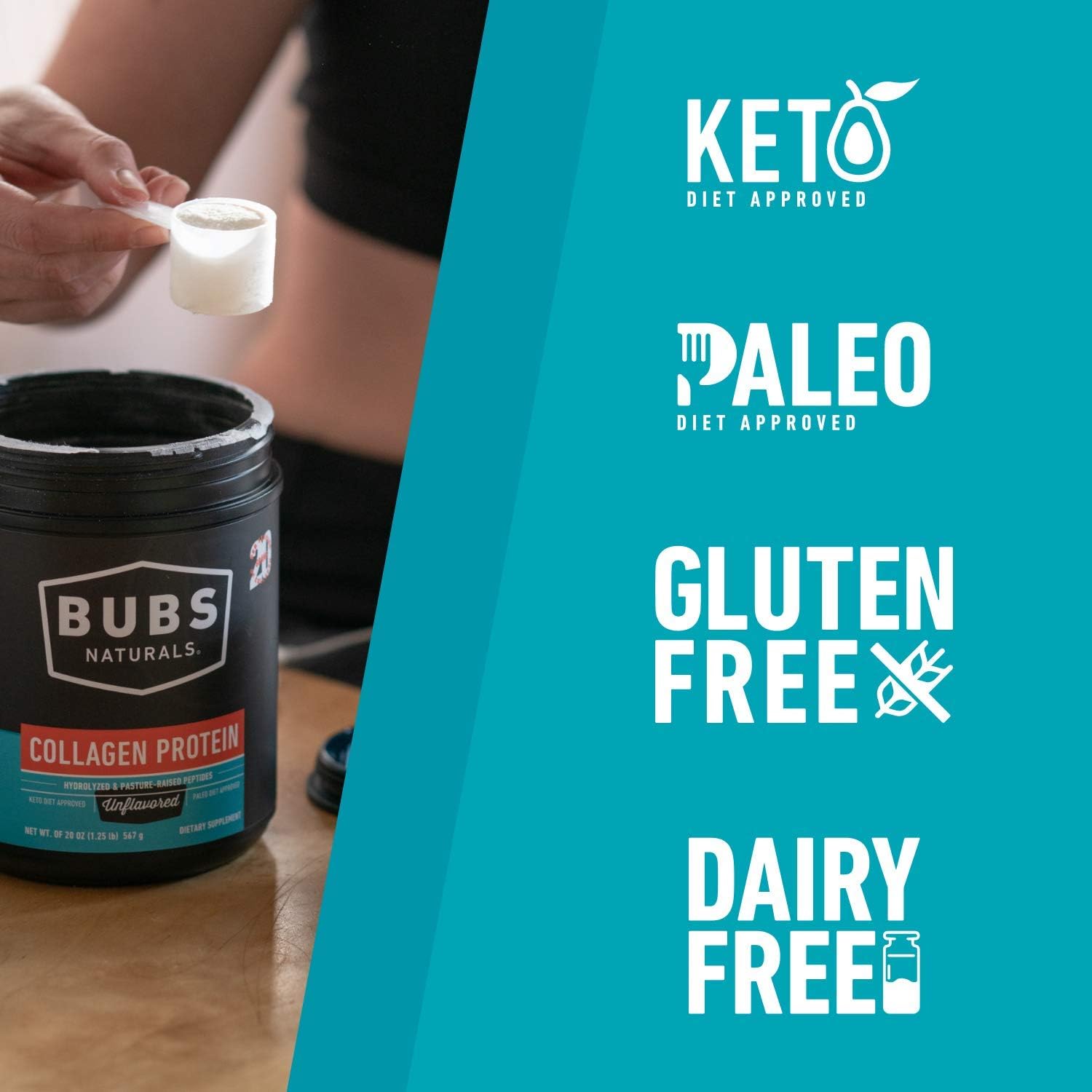 BUBS Naturals Collagen Peptides Powder - Pasture Raised Grass Fed - Paleo & Keto Friendly Whole30 Approved Non-GMO Dairy and Gluten Free | Vital for your Joints and Skin Unflavored (20oz) 28 Servings