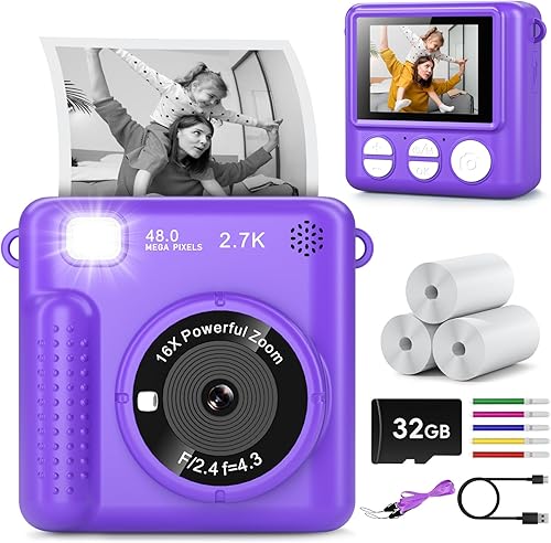 Miniatura 8 de Cámara instantánea para niños con impresión instantánea, regalo de Navidad y cumpleaños para niñas y niños de 3 a 12 años, cámara digital selfie HD
