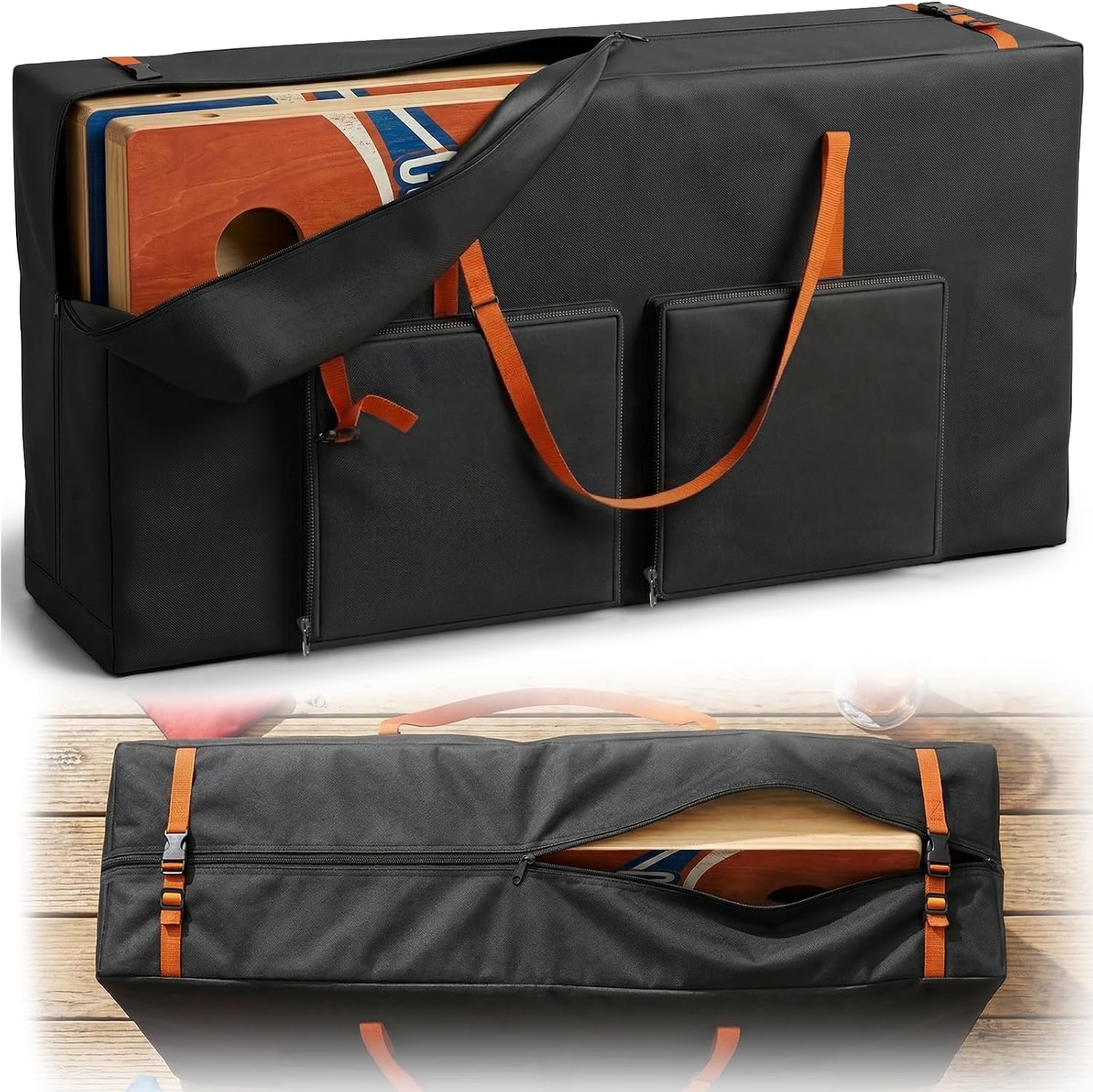 Cornhole Carrying Case Fits 4' x 2' Regulation Size Boards, Heavy-Duty 600D Cornhole Board Bag with 4 Reinforced Thickened Corners, Extra Pockets for Beanbags, Outdoor Games