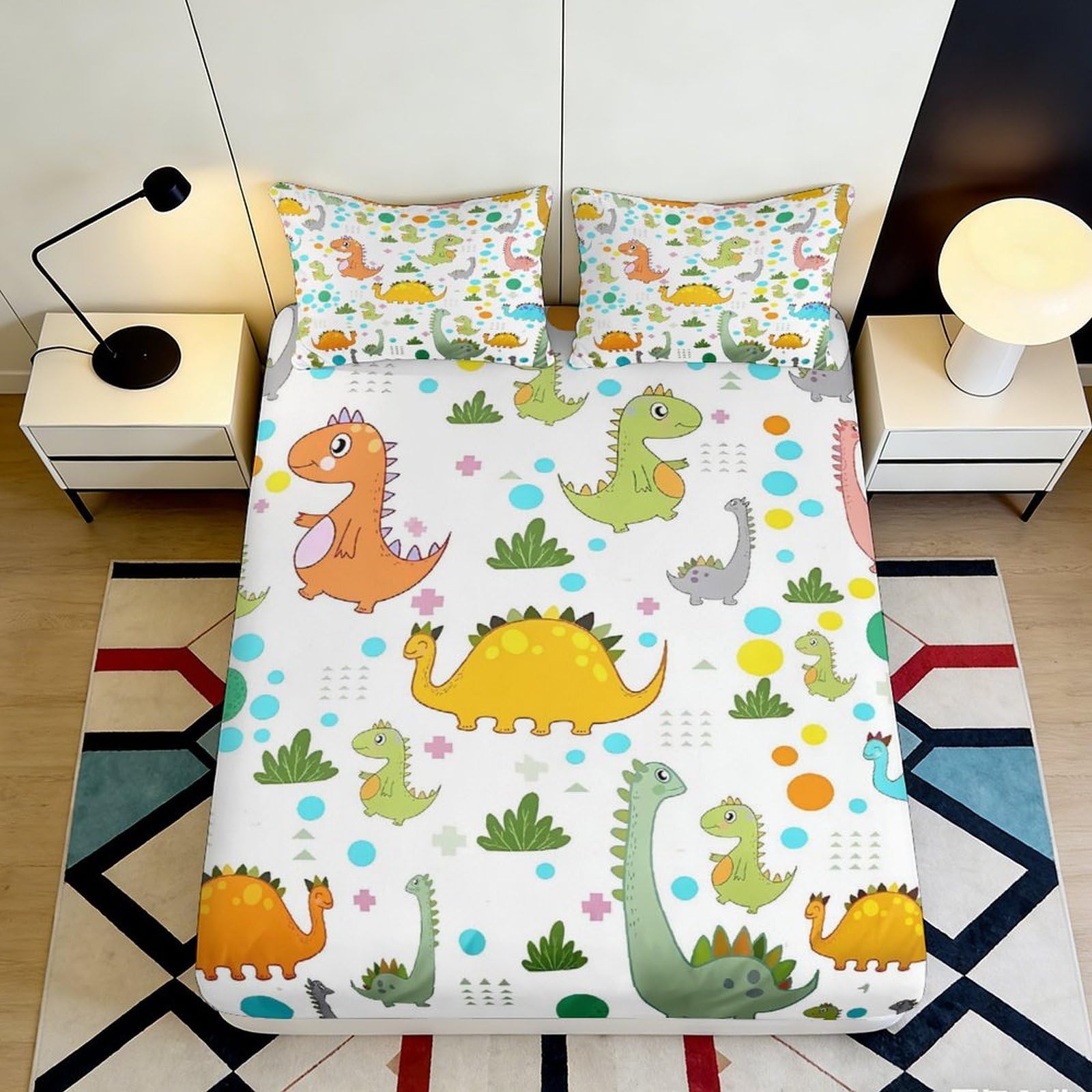 3D Printed Cartoon Dinosaur Fitted Sheet Microfiber Soft Breathable Colorful Dino Mattress Cover for Bedroom Dorm Decor 120x200x25cm