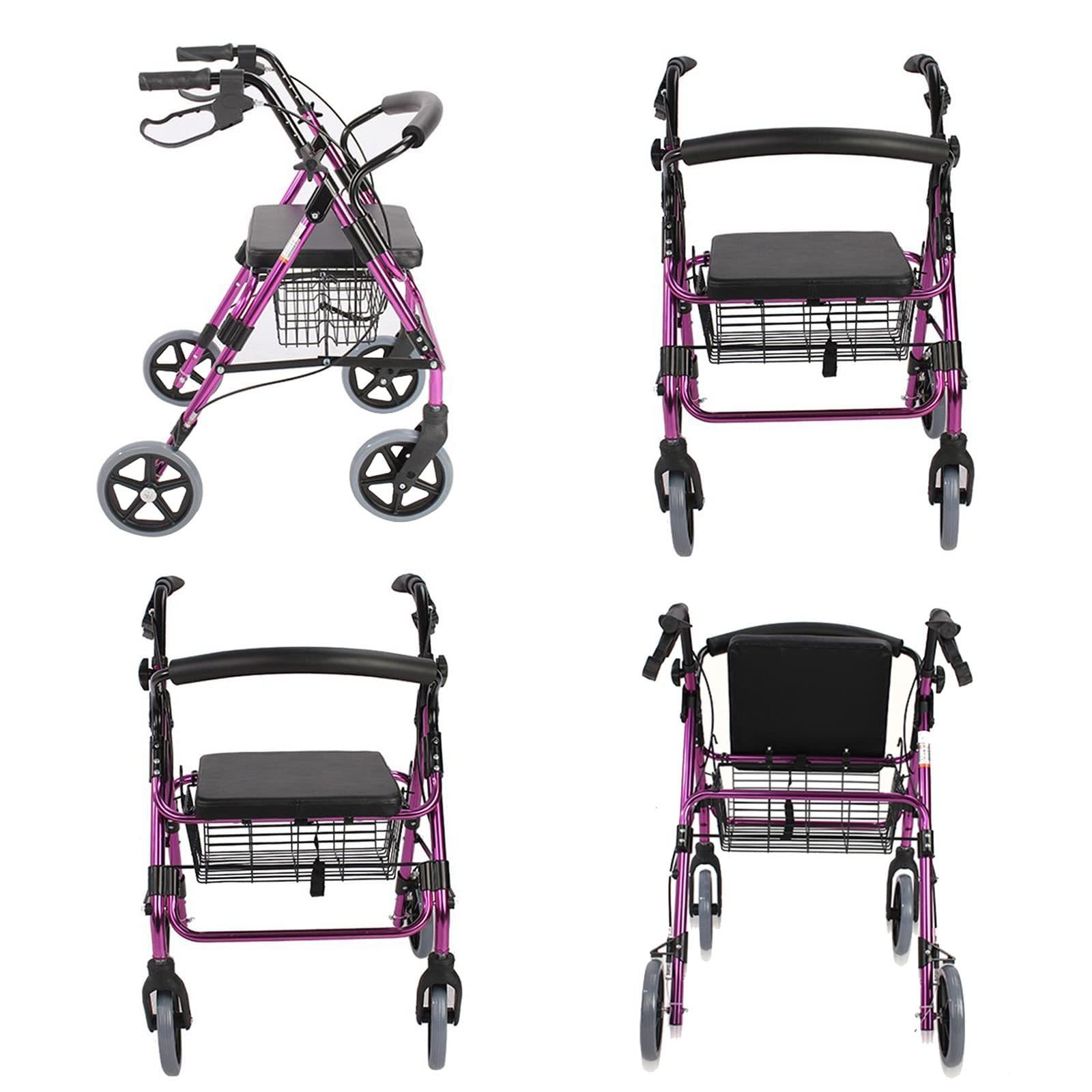 Andador Plegable con Ruedas, Altura Ajustable (150-185 cm), Capacidad de 100 kg, Cesta de Almacenamiento con Asiento, Frenos, Ruedas de 4 Pulgadas, Color Morado.