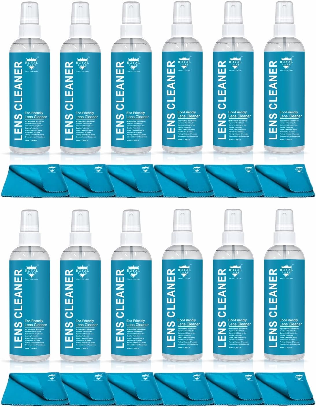 Royal Care Lens Cleaner Spray 100 ML Pack Kit – Professional Lens Cleaner Spray with Microfiber Cloths – Best for Eyeglasses, Cameras, and Lenses - Safely Cleans Fingerprints, Dust, Oil (Pack of 12)