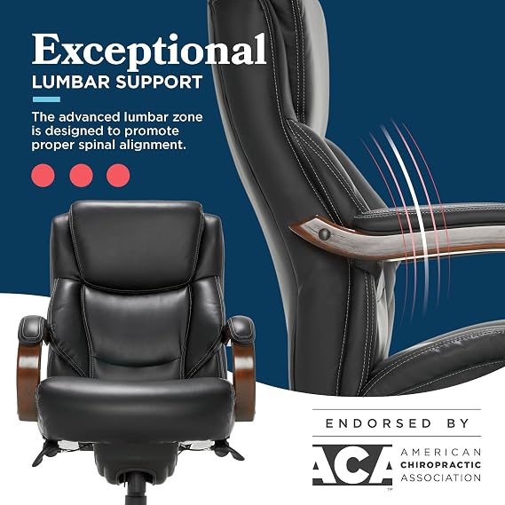 La-Z-Boy Big and Tall Executive Office Chair Lumbar Support, Leather Chair | Delano, Wood Arms Base, 350lb Capacity Ergonomic Home Office Chair, Memory Foam Seat Cushion, Adjustable Height & Tilt, Black