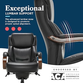 La-Z-Boy Big and Tall Executive Office Chair Lumbar Support, Leather Chair | Delano, Wood Arms Base, 350lb Capacity Ergonomic Home Office Chair, Memory Foam Seat Cushion, Adjustable Height & Tilt, Black