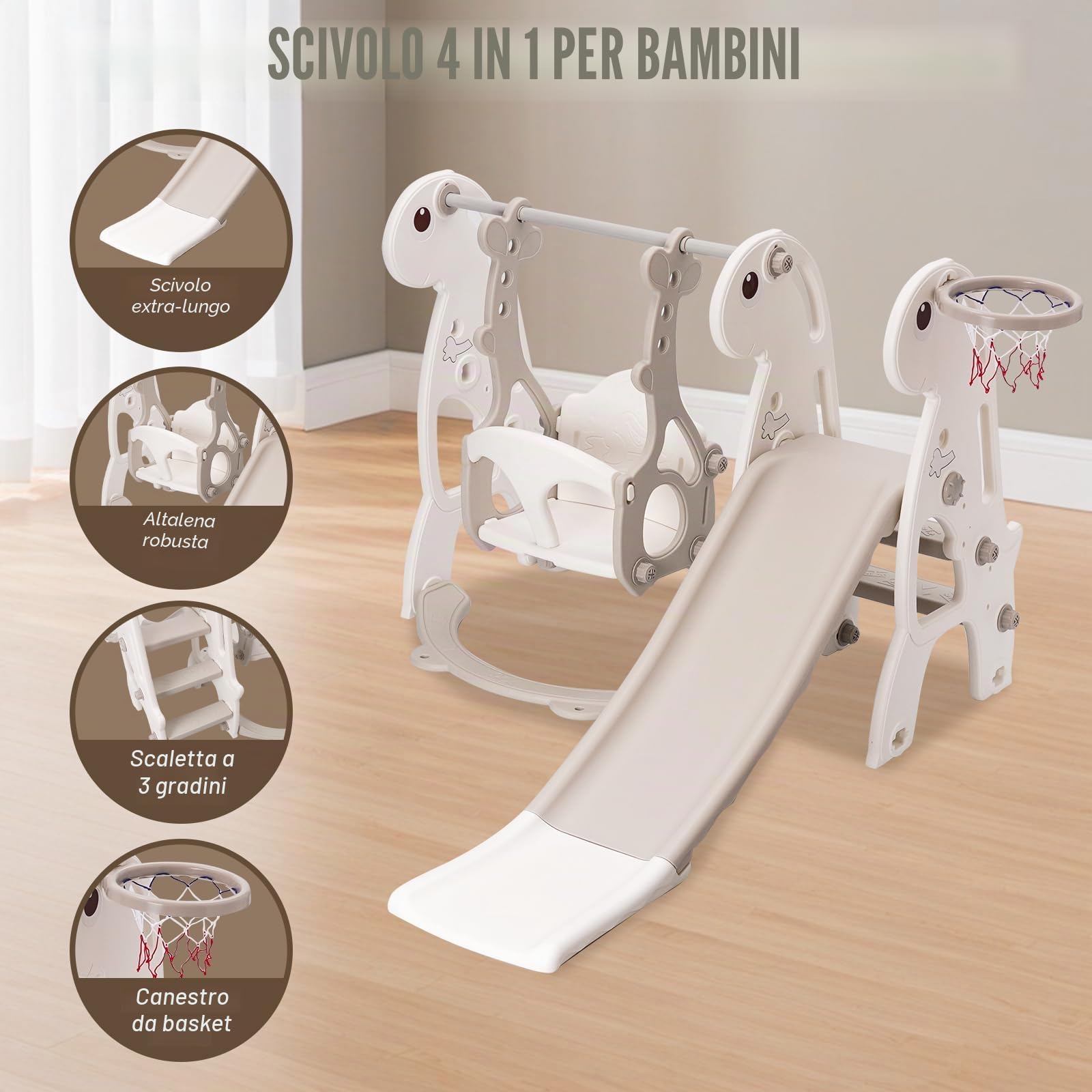 Set di scivoli per bambini piccoli, scivolo per bambini da interno con arrampicata, set di gioco autoportante con canestro da basket e altalena regolabile in altezza (grigio)