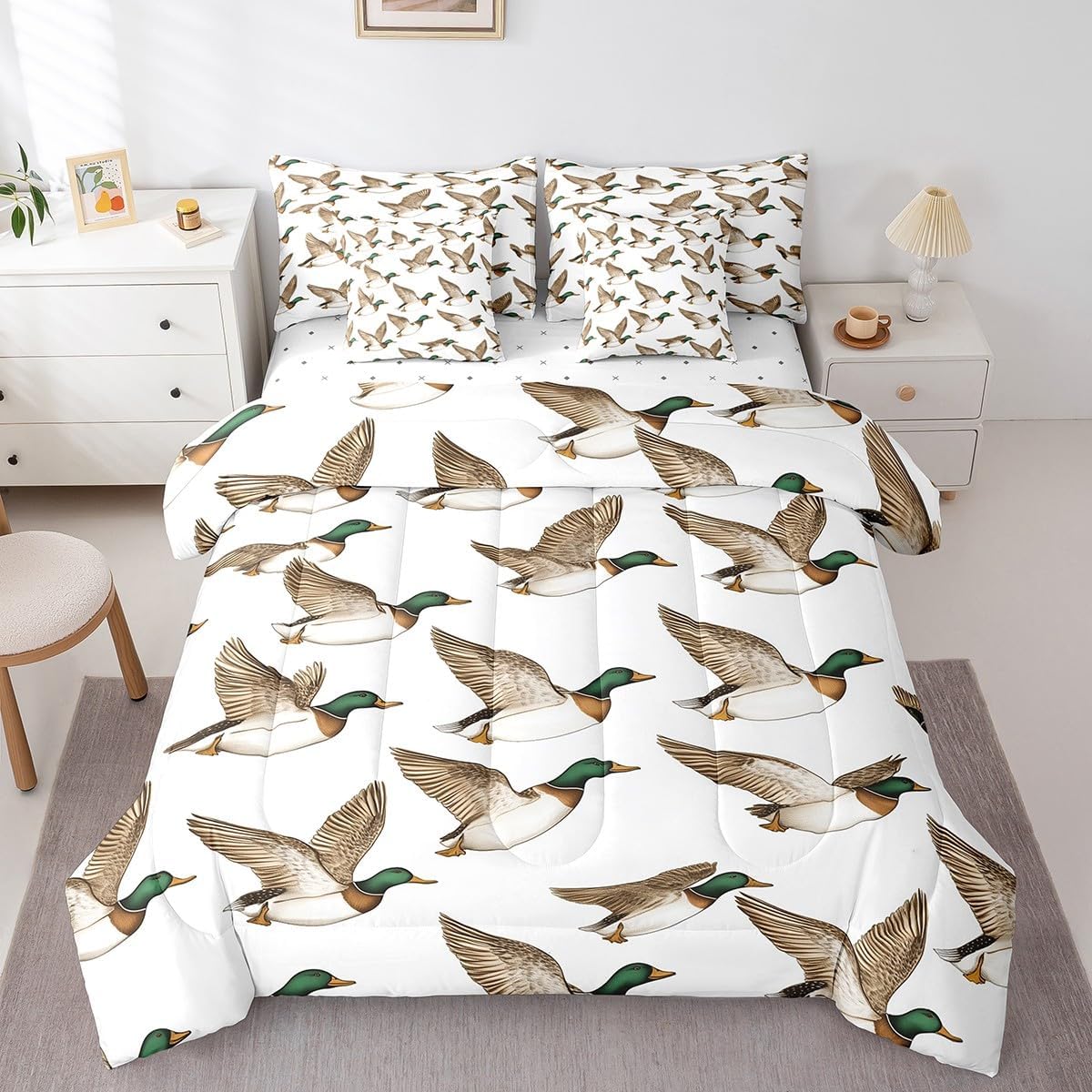 Feelyou Mallard Duck Queen Comforter Set with Sheets Duck Hunting Themed Bed in a Bag for Kids Teens Adults Mallard Duck Bird Printed 7 Pieces Bedding Set Wild Animal Bed Set Room Decor