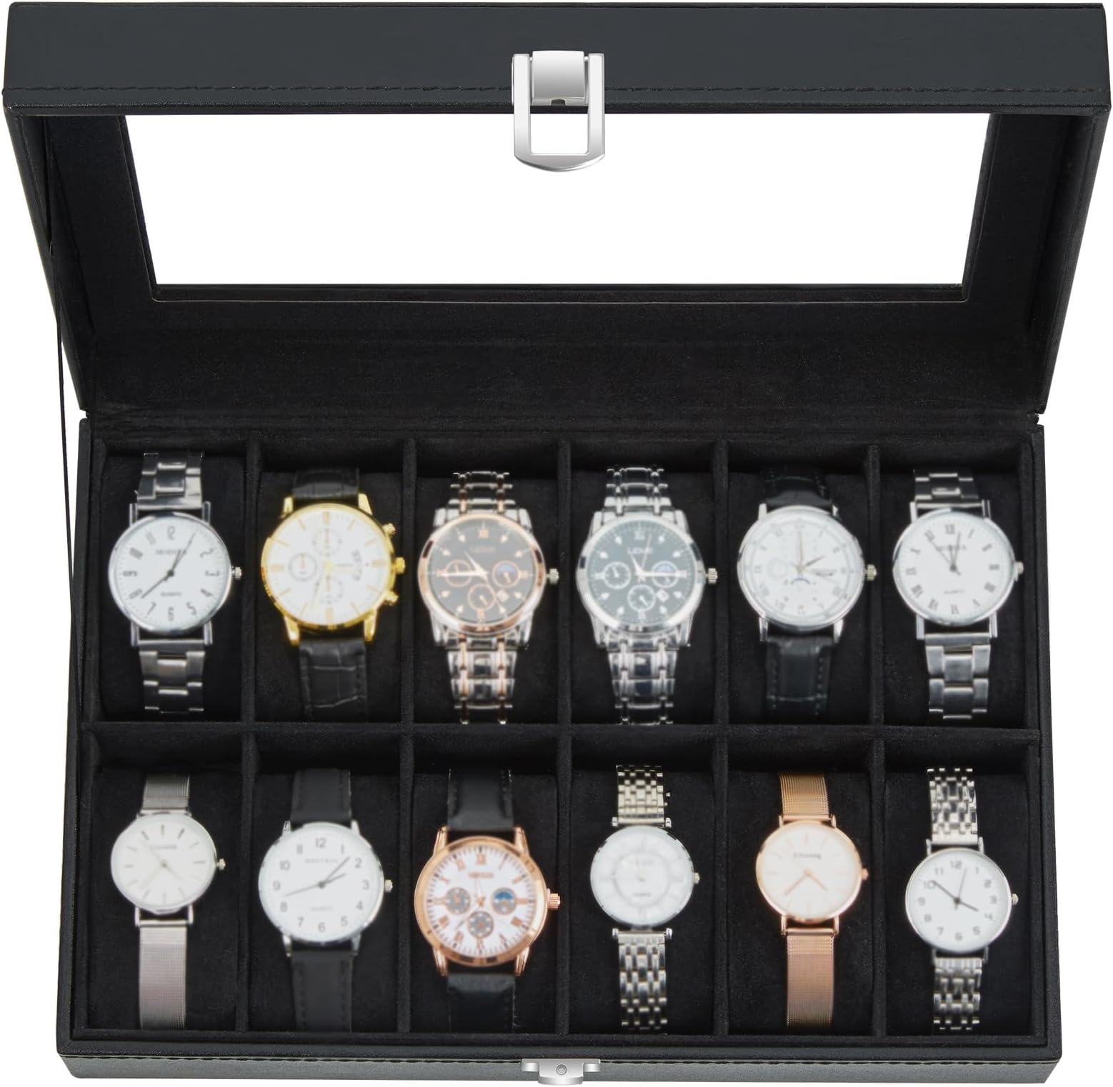 Ohuhu Watch Organizer, 12 Slot Watch Box PU Leather Real Glass Lid
