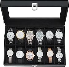 Ohuhu Watch Box with 12 Compartments, Watch Box with Glass Lid and Removable Cushion, Gift for Birthday, Father's Day, Christmas