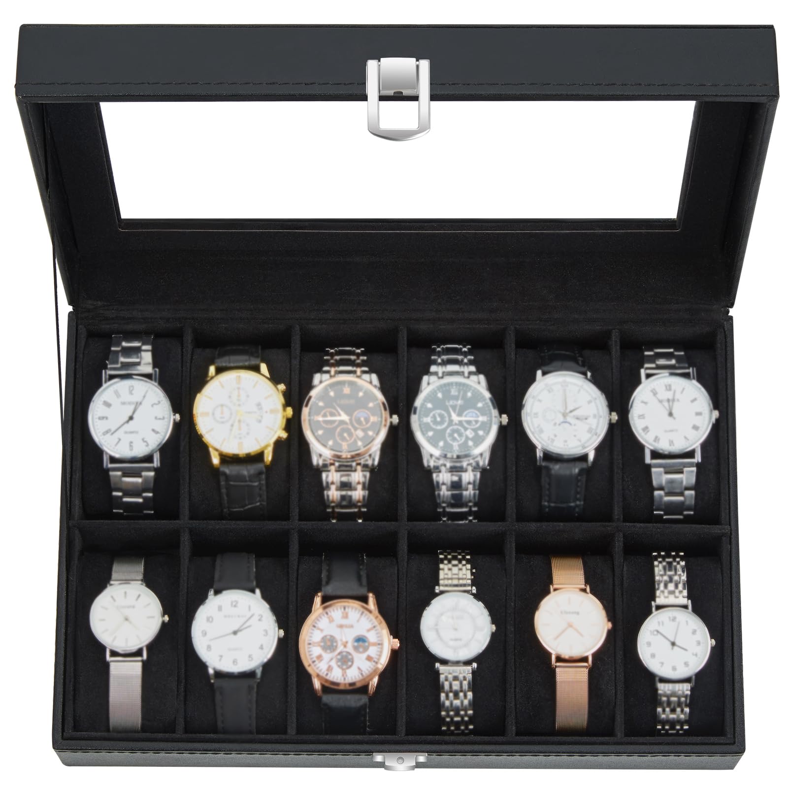 Caja Relojes con 12 Compartimentos, Ohuhu Caja para Relojes con Tapa de Cristal y Cojín Extraíble, Regalo para Cumpleañ…