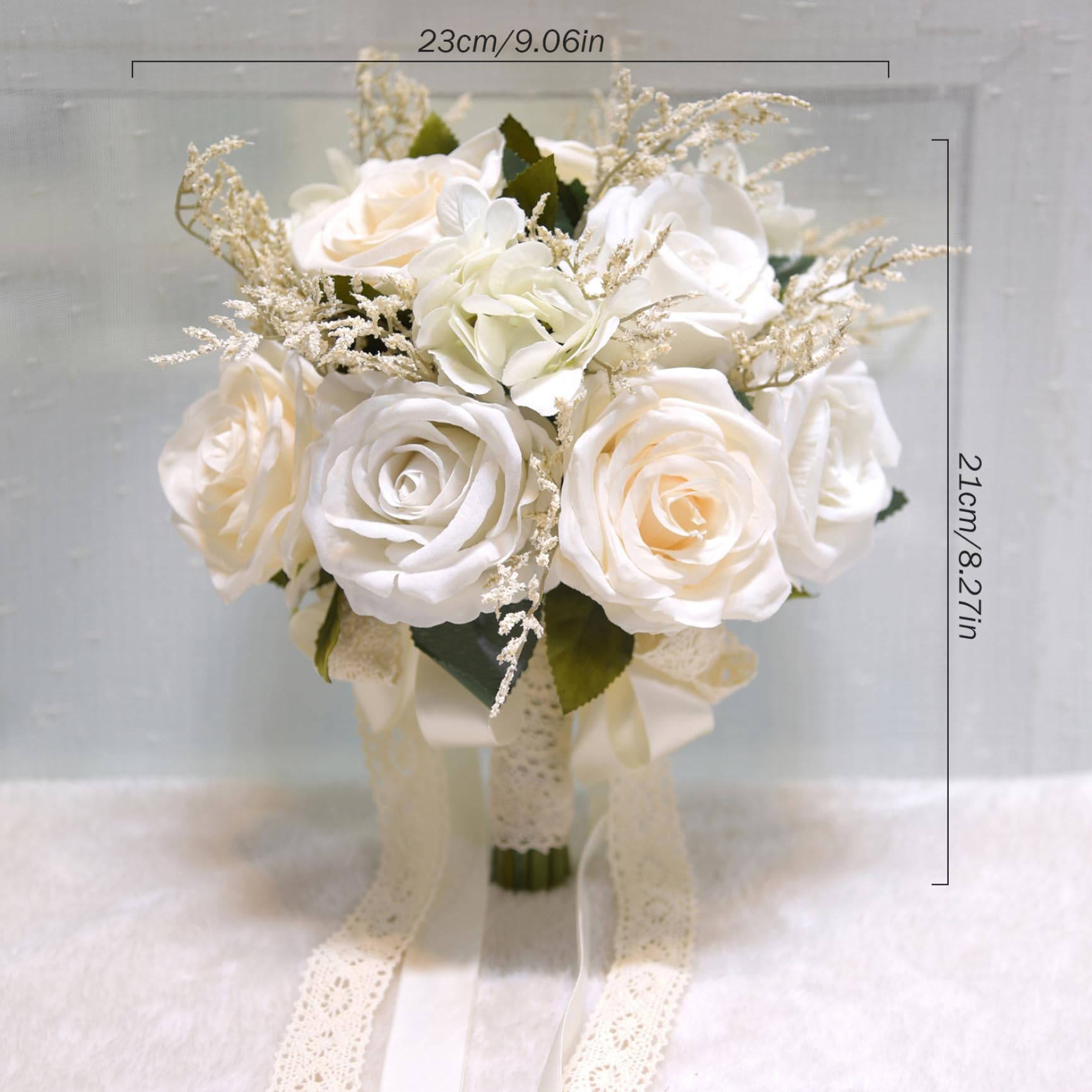Bouquets de mariage pour la mariée, bouquets de mariée blanches de 9,1 pouces pour la mariée, bouquet de rose artificiel, bouquet de fleurs avec ruban de soie pour cérémonie de la Saint-Valentin