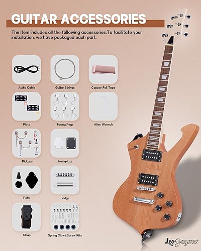 Vista 20 de Leo Jaymz - Juego para armar tú mismo tu guitarra eléctrica, cuerpo de caoba, mástil de arce, diapasón de ébano, incluye todos los componentes (BC)