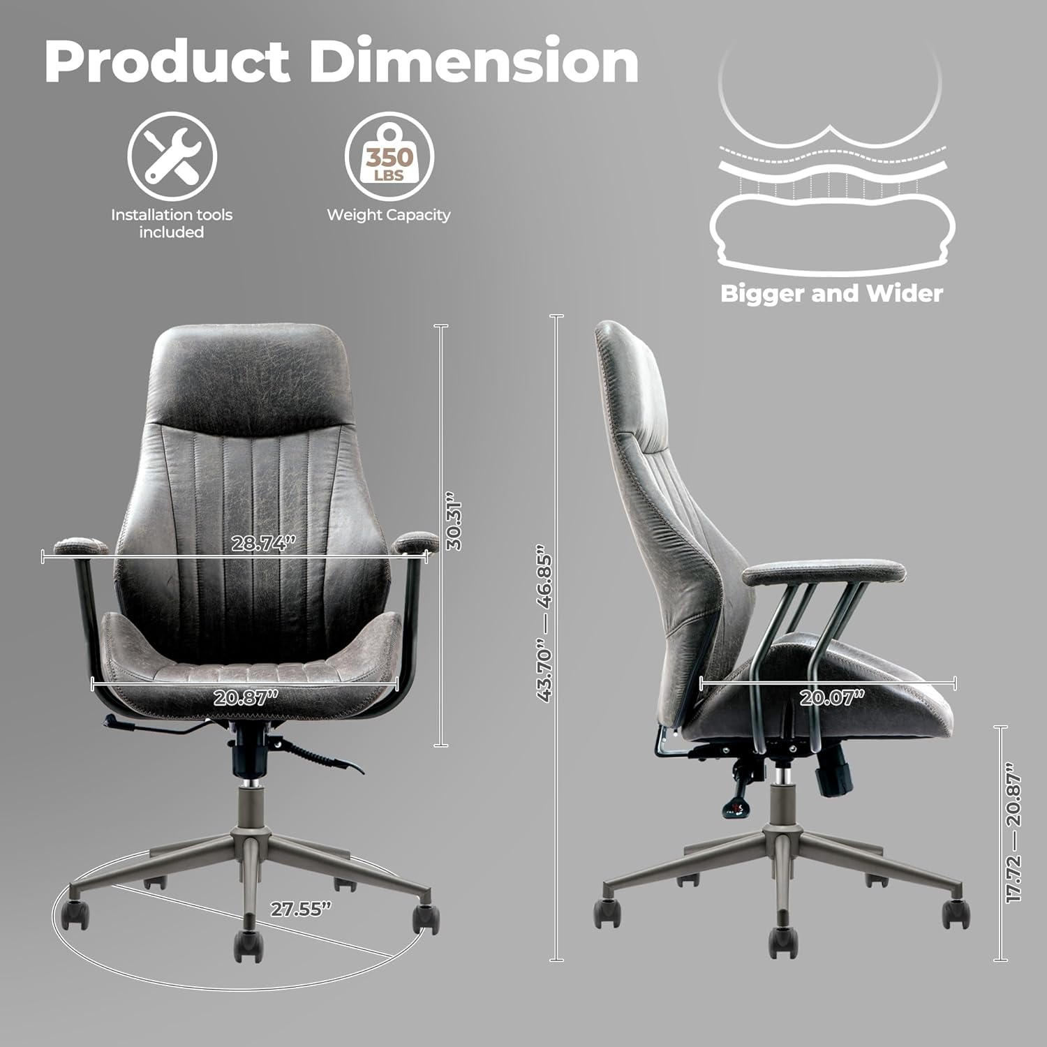 ovios Executive Ergonomic Office Chair, High Back Comfy Faux Suede Leather Computer Chairs, Mid-Century Modern Swivel Rolling Task Armchair, Grey