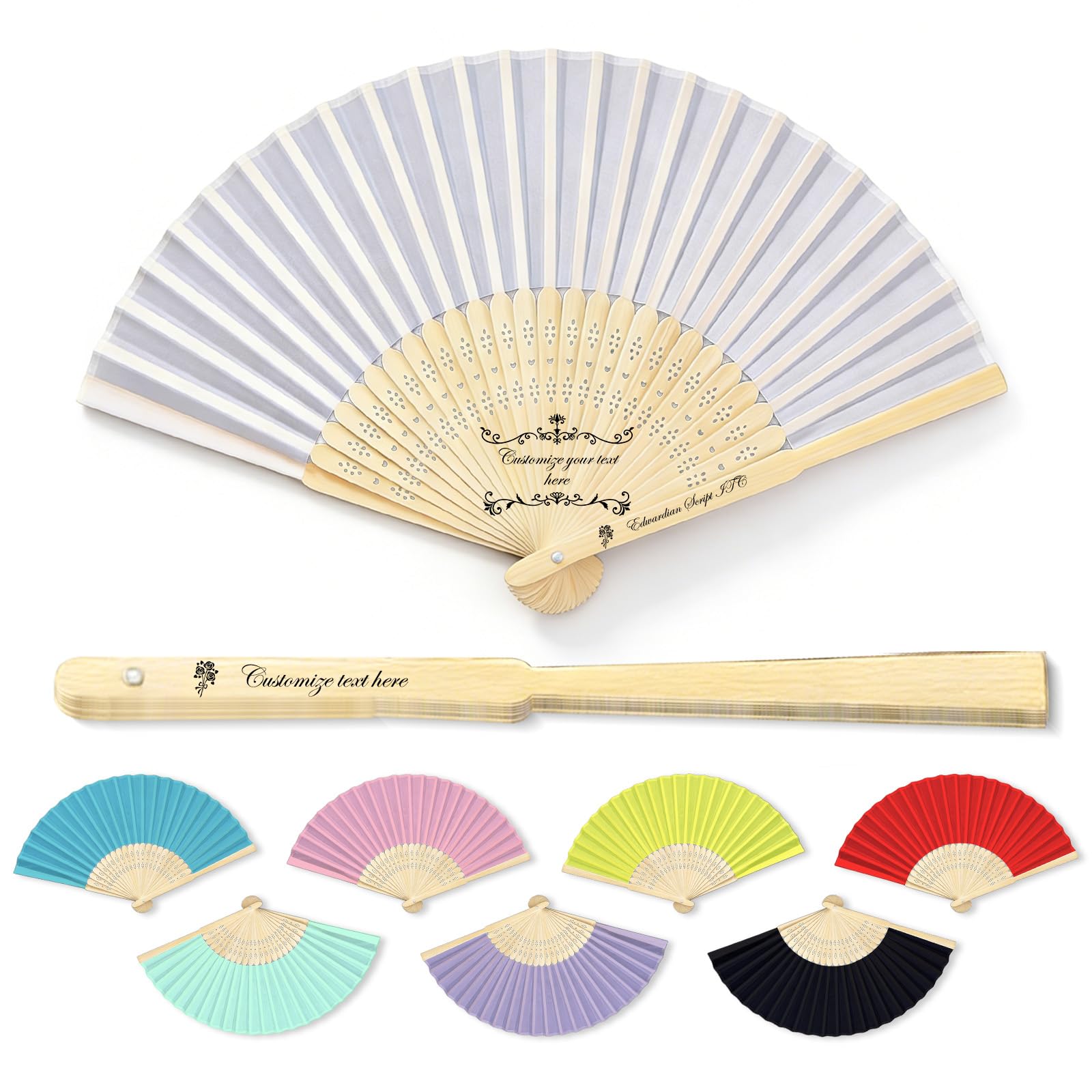 30 éventails de mariage personnalisés pour invités–Tissu avec noms et date sur mesure, manche en bois gravé–Cadeaux uniques pour enterrements de vie de jeune fille, anniversaires et remises (Style 1)