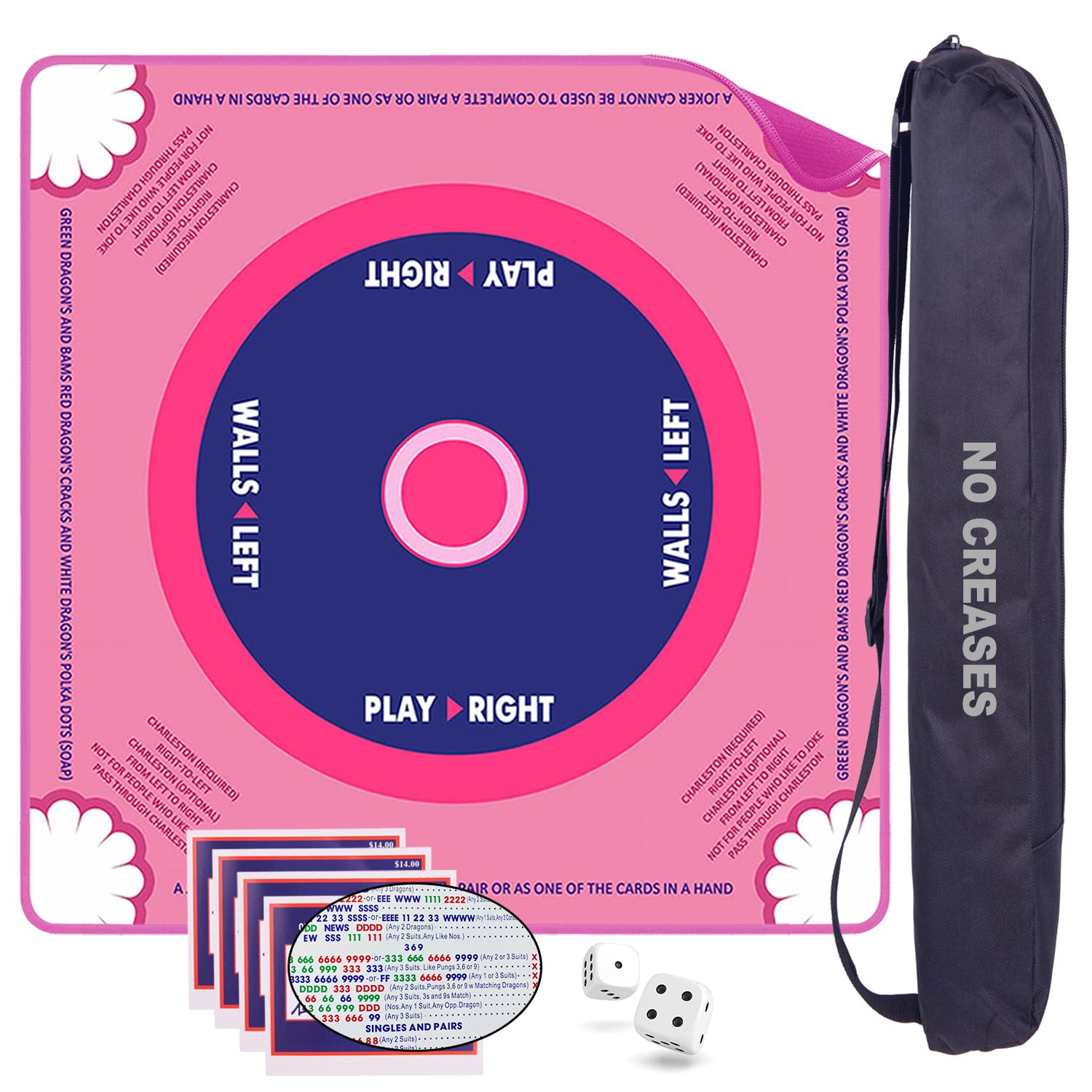 Mahjong Mat with Carrying Bag - 32"x32" Non-Slip Noise Reducing Table with 4 Mahjong Rules Cards 2025 and 2 Dice Cover for American Mahjong, Poker, Card & Board Games, Premium Gaming Mat