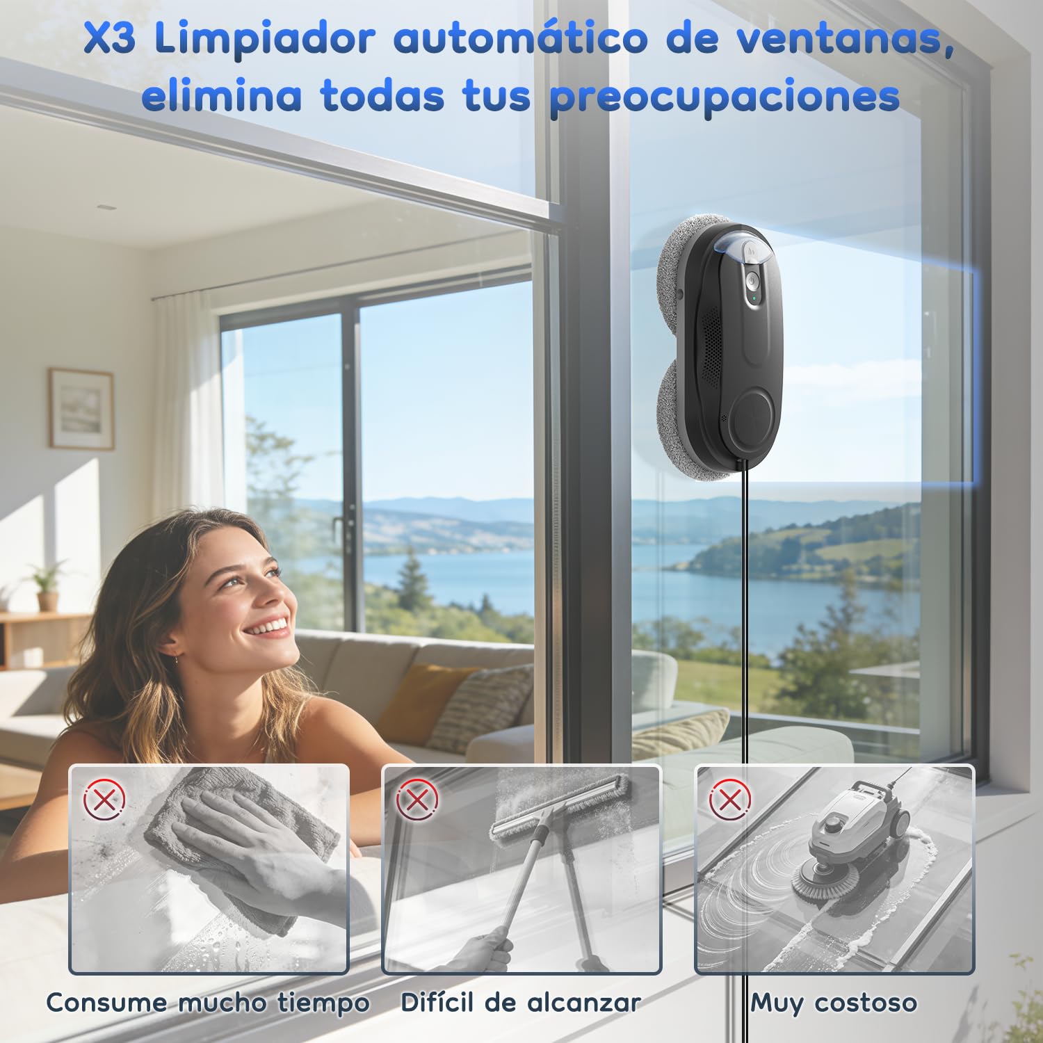 Obito X3 Robot Limpiacristales, 3 Modos de Limpieza automática, con Tanque de 85 ml, Spray Doble, Limpiador automático de Ventanas para Ventanas y Vidrio de Piso Alto