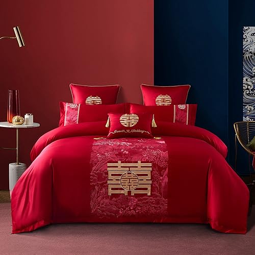 Miniatura 9 de Juego de ropa de cama de lujo con bordado de dragón y pájaro fénix, diseño de dragón y ave fénix, tamaño King, Queen, 100% algodón, bordado, color