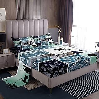Bear Deer Bed Sheets Set King Size, Hunting Wild Animal Sheets Rustic Cabin Lodge Sheet Set Farmhouse Blue Geometric Plaids Flat Fitted Sheet For Boys Girls Mens Bedroom, Blue Rustic Gifts For Men