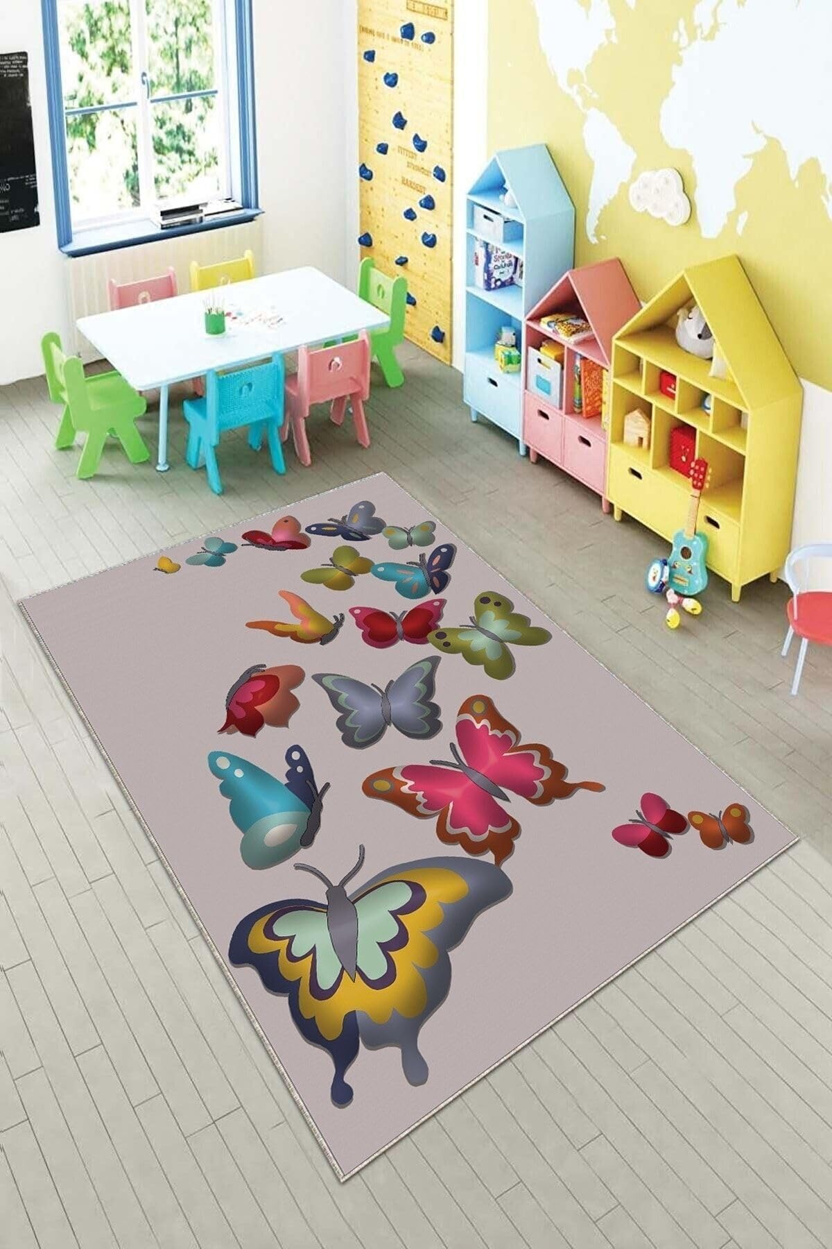 Pelangi Gri Kelebekler Desenli Yıkanabilir Kaymaz Taban Leke Tutmazbebek Ve Çocuk Odası Halısı, Gri-Pembe 80 x 350, 90135716680350