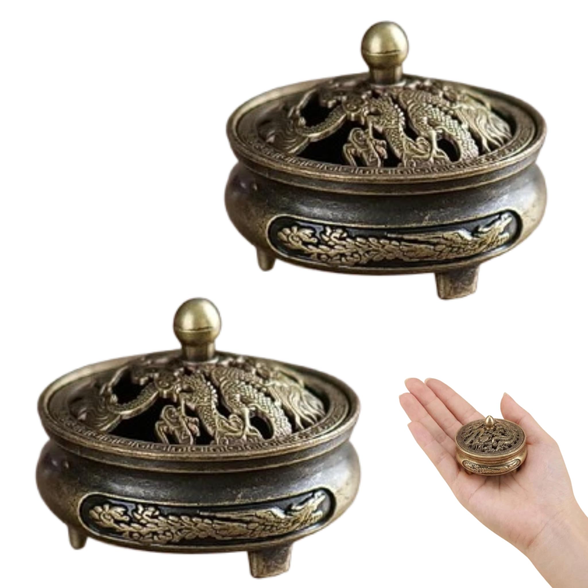 2Pcs Vintage Metal Incense Cone Burner Bronze Mini Auspicious Carving Patterns Creative Incense Cone Holder Durable Alloy Incense Holder for Sticks, Home Decor, Meditation, Yoga Gift