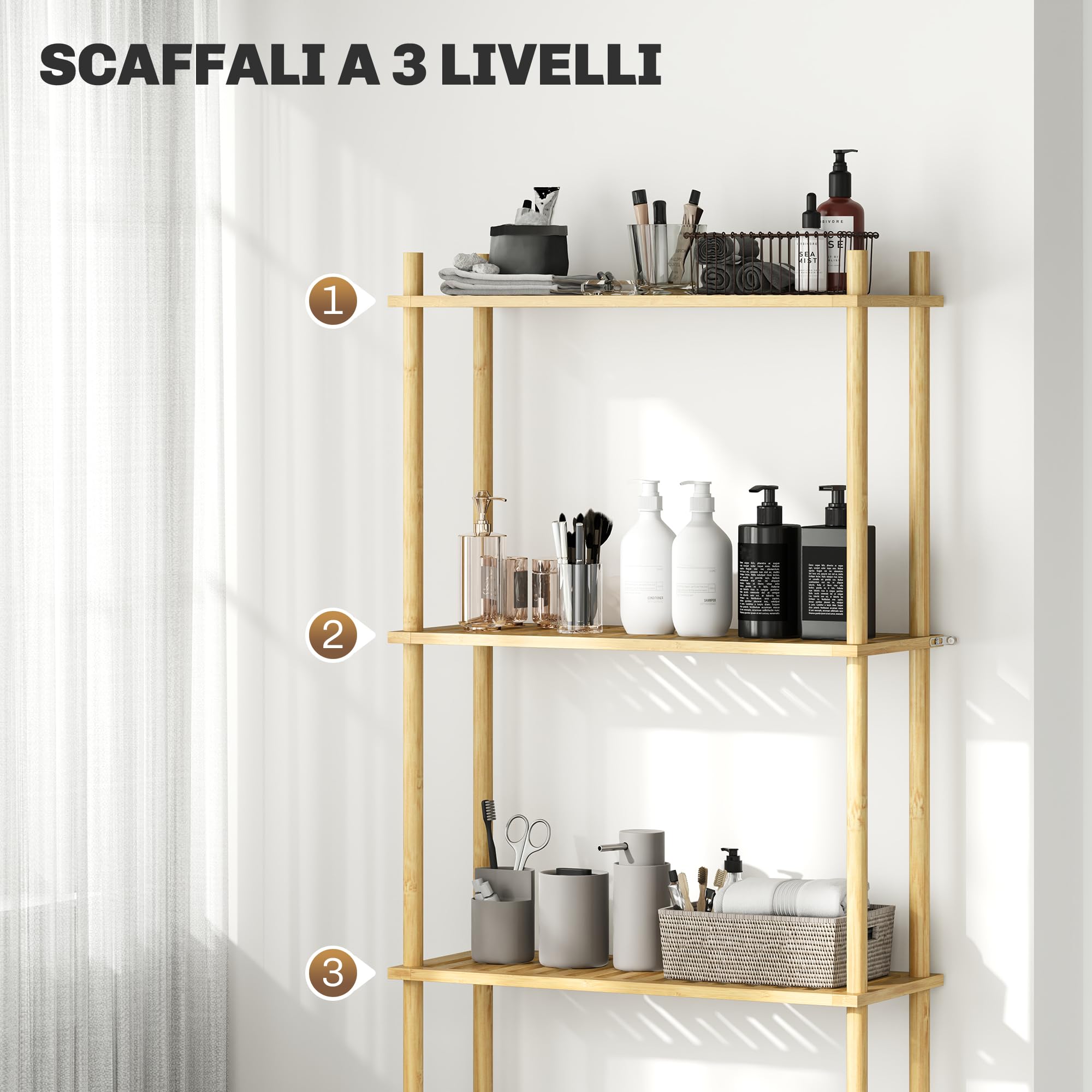 HOMCOM Scaffale da Bagno Sopra WC a 3 Ripiani, Mensola Portaoggetti da Bagno Salvaspazio in Bambù, Mobile Sopra Lavatrice per Lavanderia con Piedini Regolabili, Color Naturale