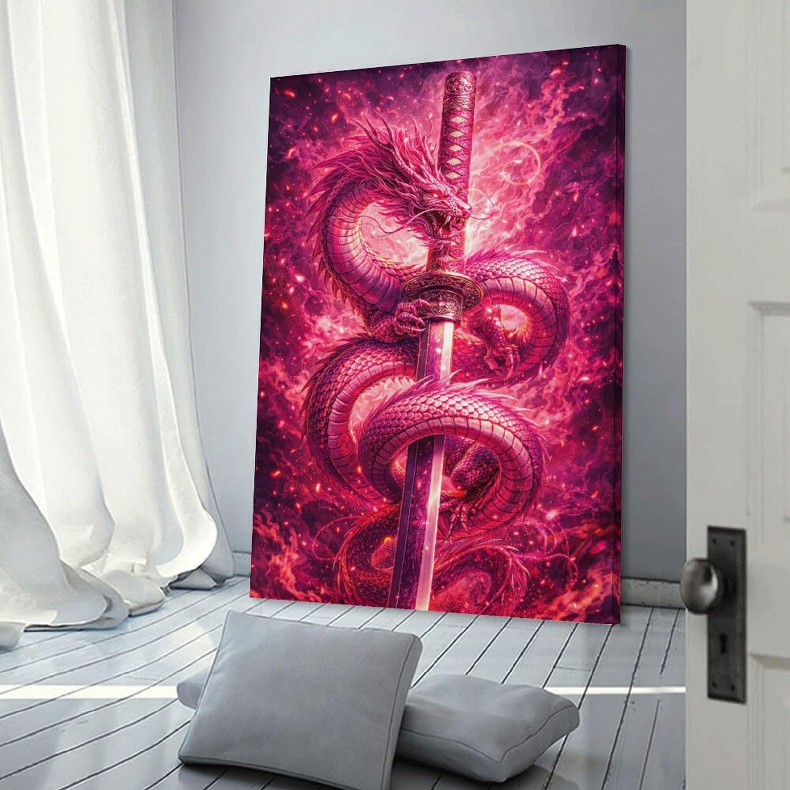 Junmoney Dragon Wrapped Around A Katana Room Decor Wall Art, 24x36inch(60x90cm), for Hallway, Lounge Or Guest Room, Gift Idea for Housewarming And Birthdays
