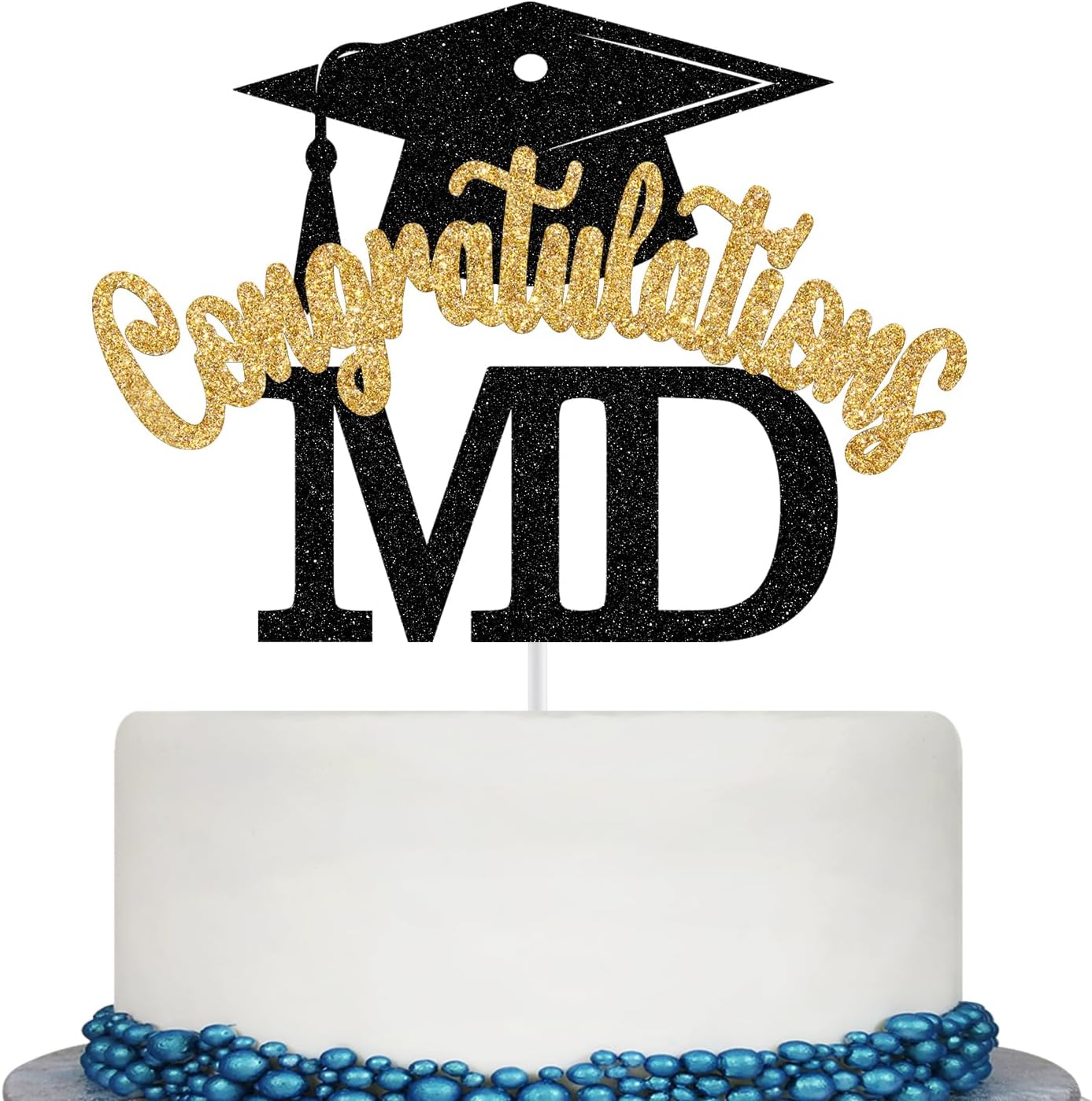 Congratulations MD Cake Topper, Doctor Graduation Decorations, Med School Survivor, Congrats Doctor, Medical School Graduation Party Decorations (Black and Gold Glitter)