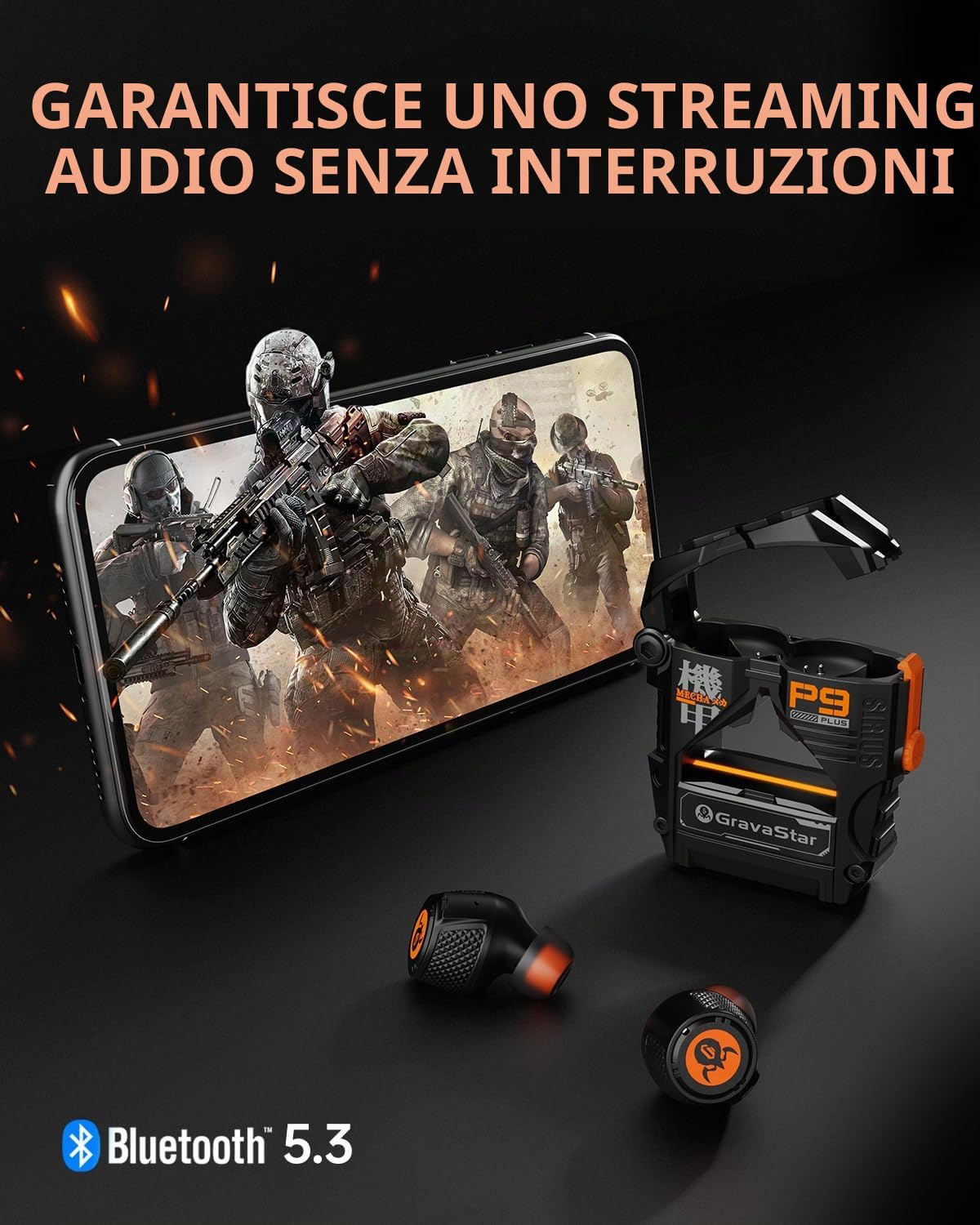 GravaStar Sirius Plus, auricolari wireless Bluetooth con cancellazione attiva del rumore ANC, 28 ore di autonomia, chiamata chiara ENC, app di personalizzazione, IPX4 per sport/lavoro - Nero