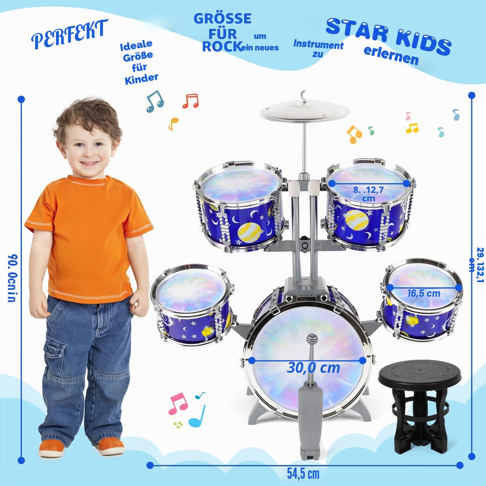 Schlagzeug Kinder mit Lichtern, 5 Trommels Anfänger-Schlagzeug mit Hocker Percussion, Musikinstrument Lernspielzeug Spielzeug Geschenk für Kinder ab 3 4 5 6 Jahre Mädchen und Jungen