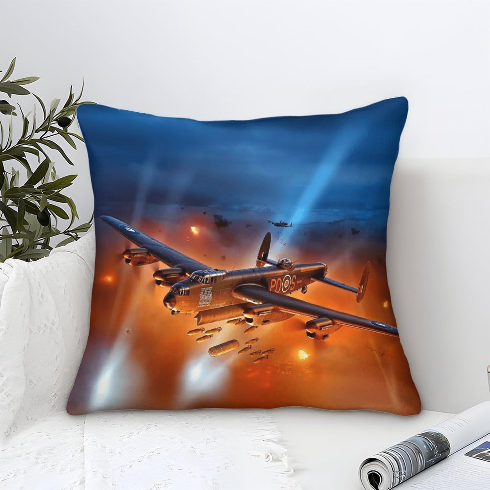 Lililaobiao Men's Ww Ii Aircraft Cushion Cover With Lancaster Bomber Throw Pillow Case Home Decorative For /Wo Living Room Bedroom Sofa Chair 40X40cm Accent Pillow