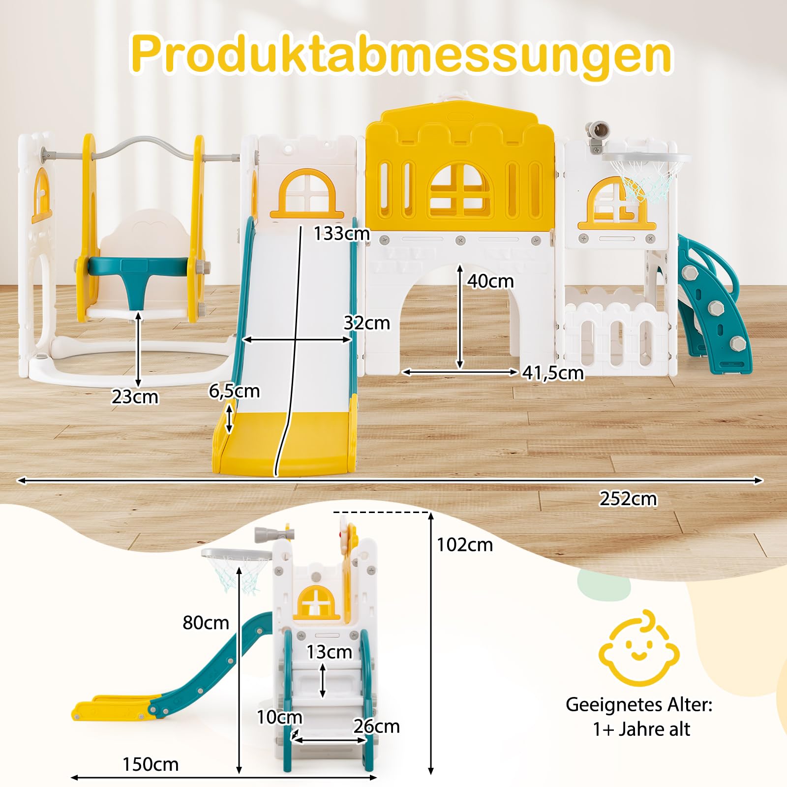 COSTWAY Kinder Rutsche mit Klettergerüst & Schaukel, Rutschenset mit Schaukel Basketballkorb Teleskop Lenkrad, Montessori Indoor-Spielplatz für Kinder ab 1 Jahr (Grün + Gelb)