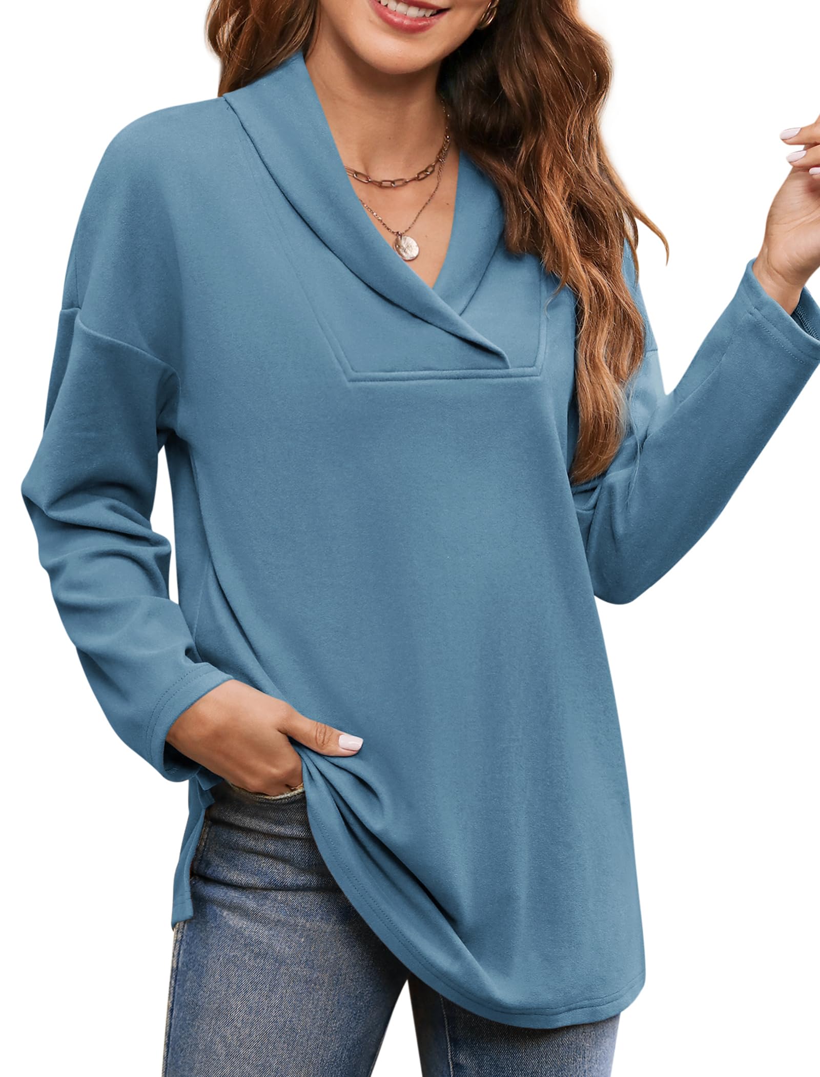Women's Long Sleeve Tops Fall Shawl Neck Tunic Tops for Leggings Casual Blouse Sweatshirt