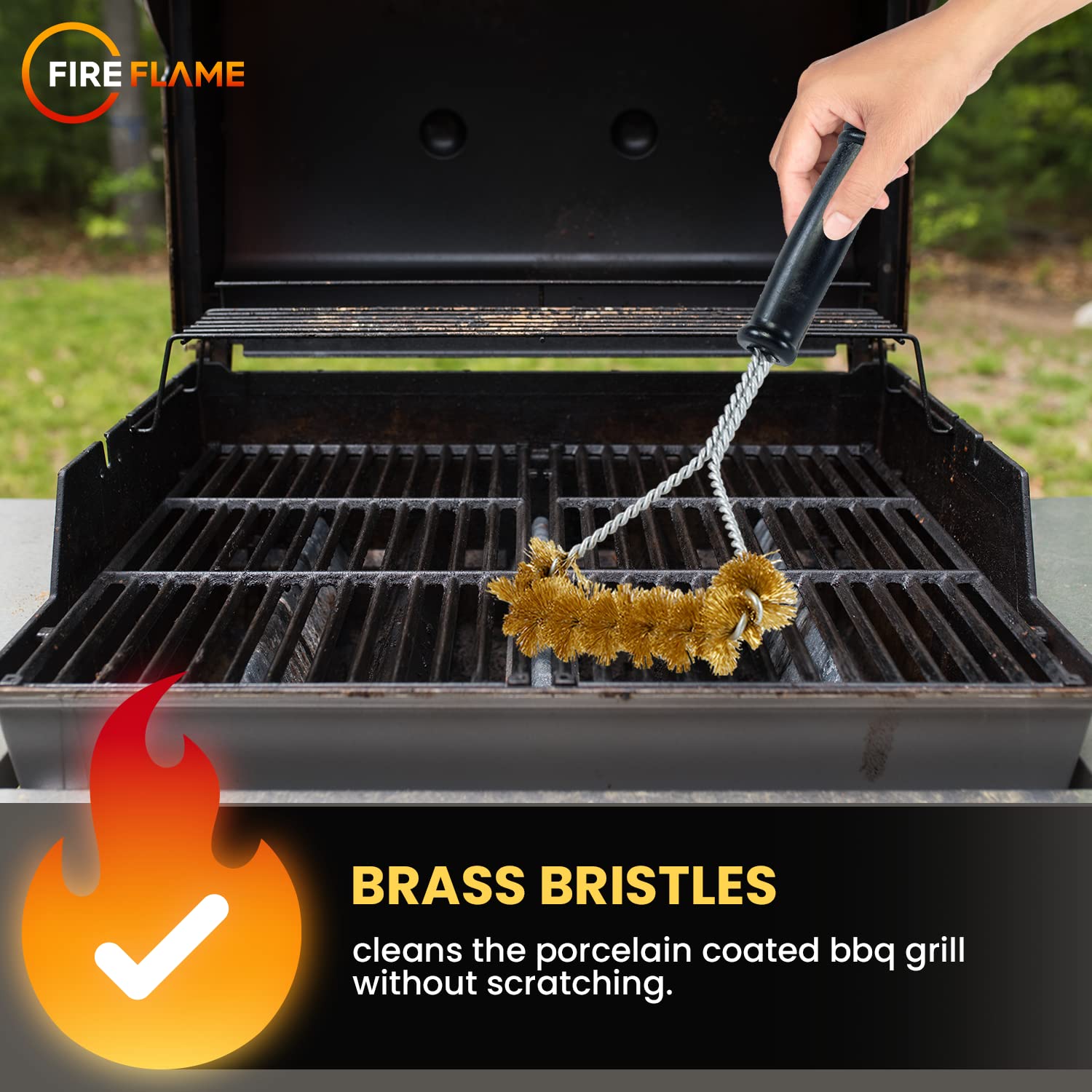 Fireflame - Spazzola per barbecue con setole in ottone antigraffio, manico lungo 30,5 cm, per la pulizia della griglia, a spirale larga e resistente, prodotta negli Stati Uniti