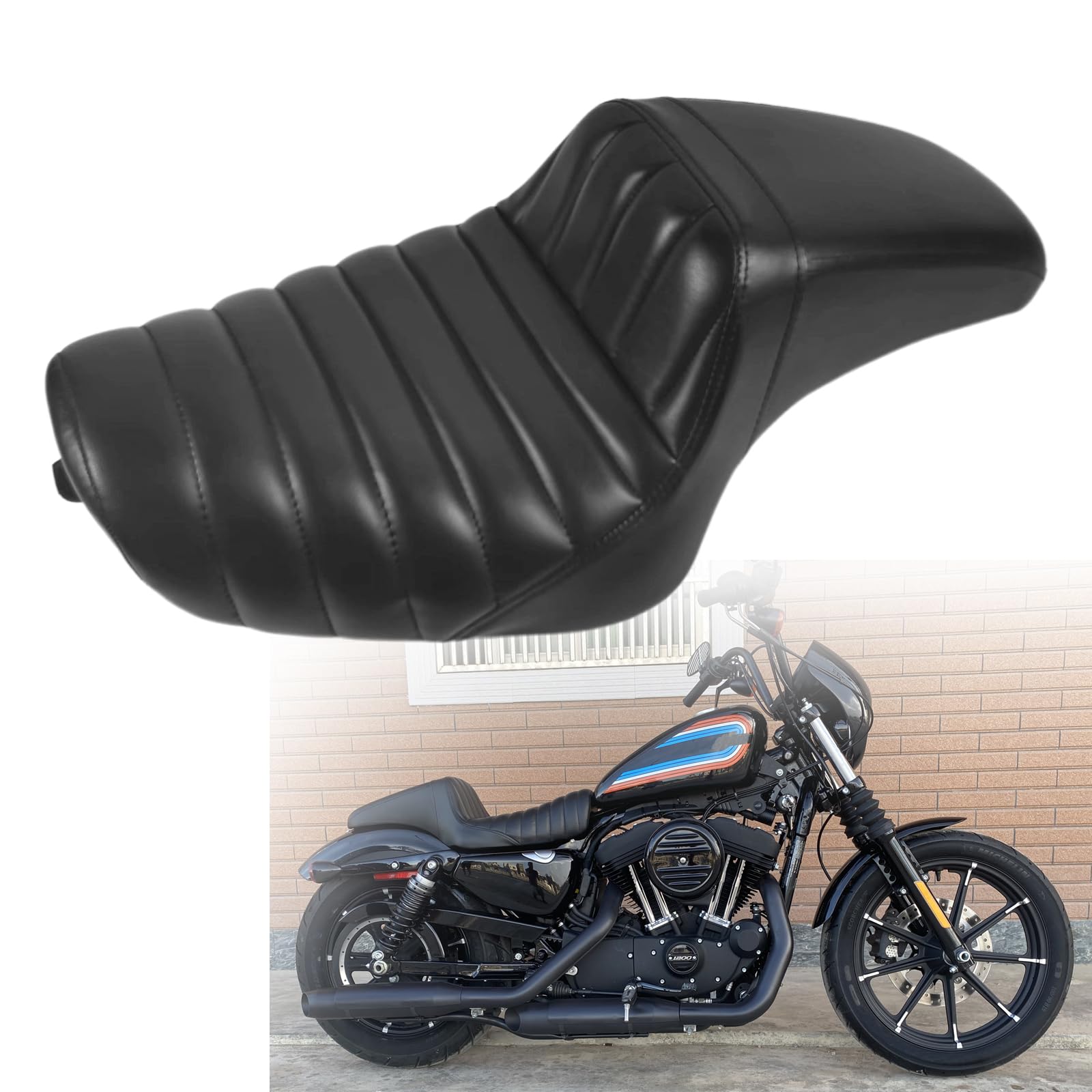 two up seat, driver+passenger seat cushion, stepped type, for harley-davidson sportster iron xl883 xl1200 (2004-2006)&(2010-2022) /half horizontal stripes/suitable for greater than 3.3gal