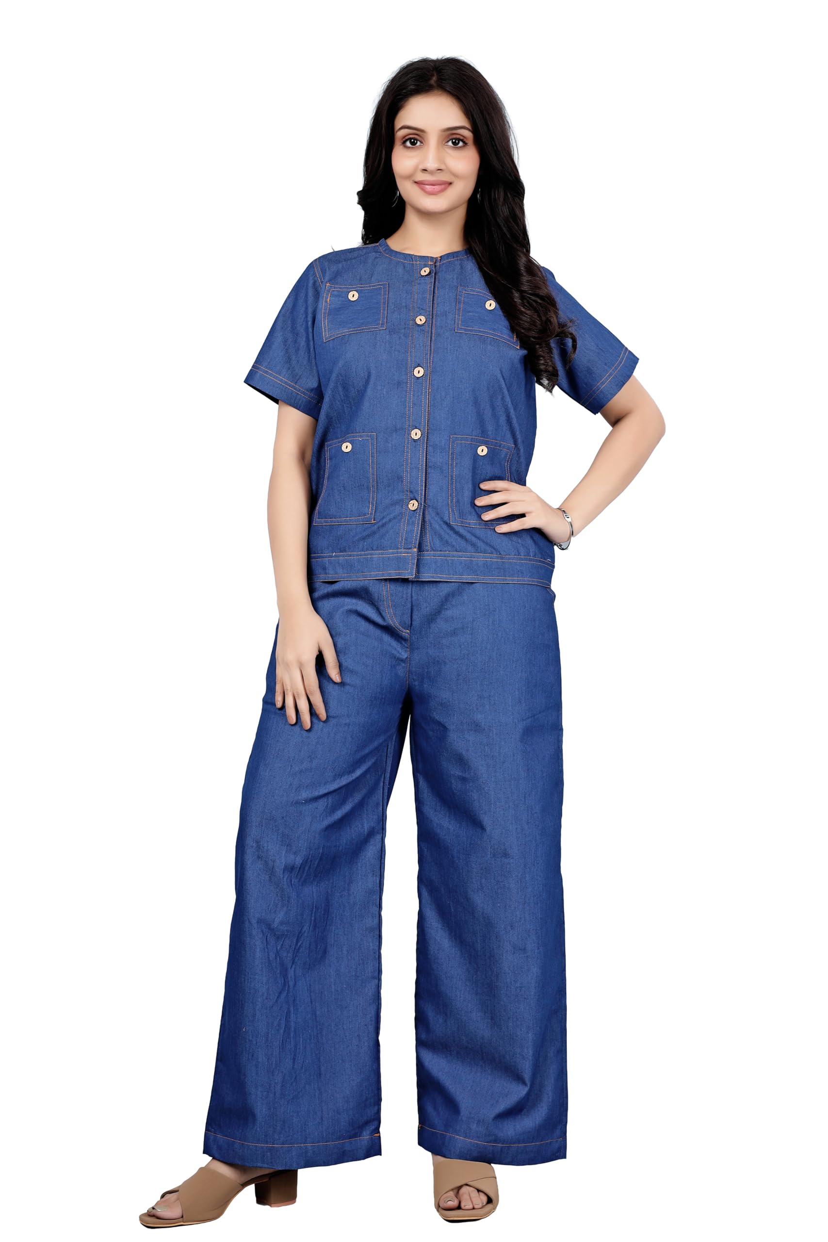 Women’s Casual Stylish Blue Denim Co-ord Set for Women | Soft Wide-Leg Pants | Comfortable Short Sleeve| Western Co-ord Set| Denim Dress for Women-picture-11