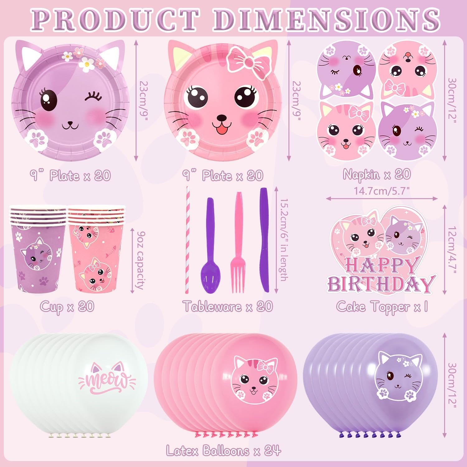 Cat Birthday Party Supplies Set, Kitten Tableware Includes Happy Birthday Banner, Plates, Tablecloth, Cups, Balloon, Spoons and Straws for Kids Cat Party Decorations, Serves 20 Guest (A) - Image 2