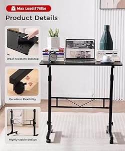 Standing Desk Adjustable Height, Mobile Stand Up Desks with Wheels Small Computer Desk Rolling Desk, Portable Laptop Desk Black Standing Table Sit Stand Home Office Desks 16"x31.5" Height 27"-43.5"