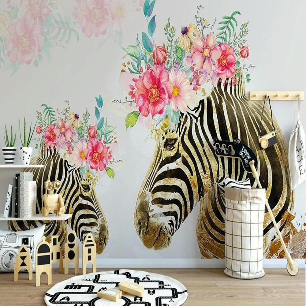 Papier peint photo moderne 3D zèbre doré floral mural sur mesure