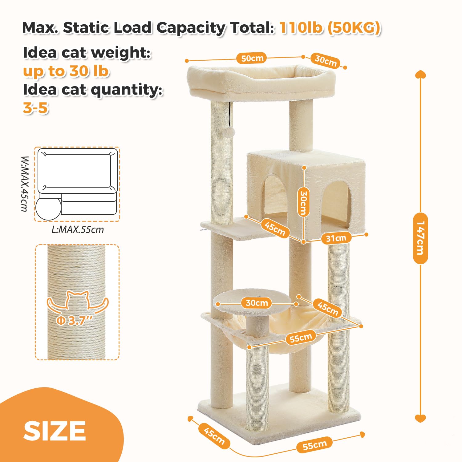 PAWZ Road Albero per gatti grande da 147 cm, con tiragraffi ispessiti (φ3,7 pollici) per gatti adulti di grandi dimensioni, 13,6 kg, centro attività multi-livello con struttura in metallo, amaca e
