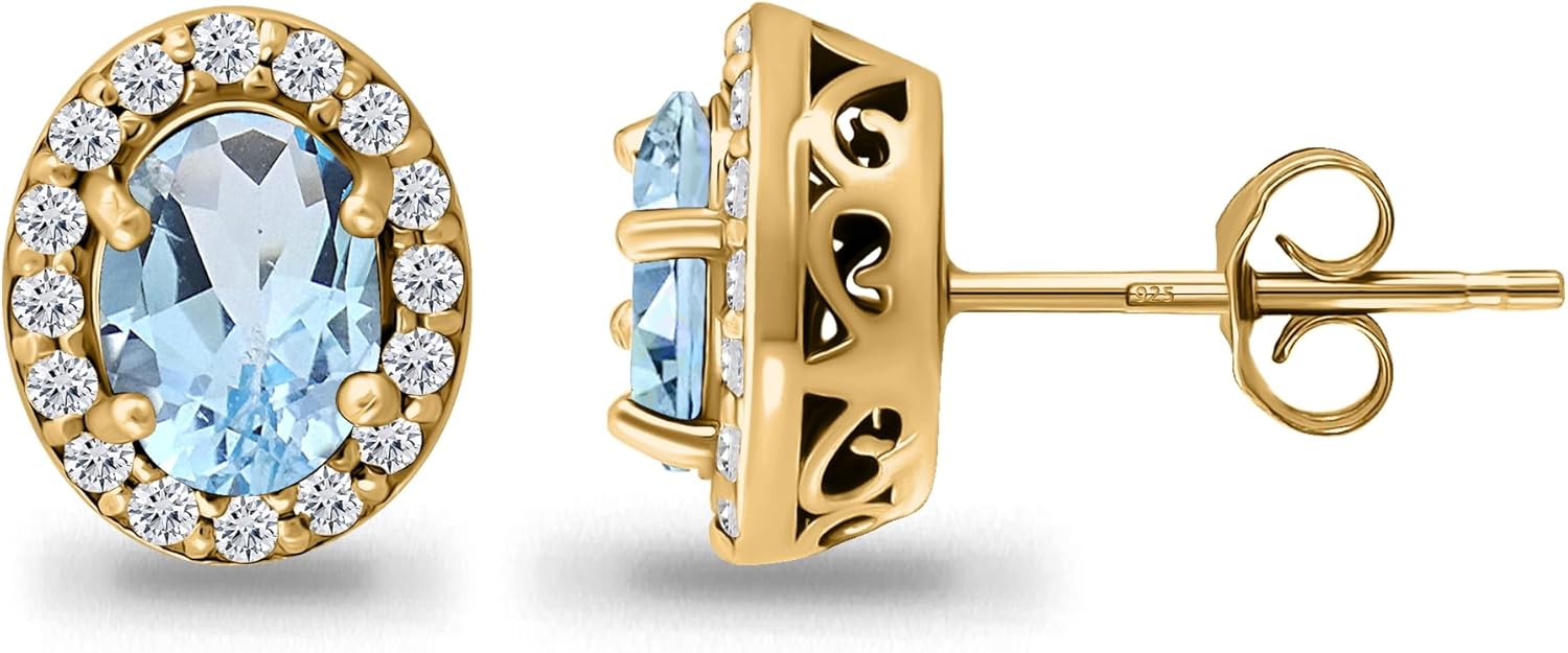 Yellow Gold Flashed Sterling Silver Blue Topaz and Cubic Zirconia Accents Oval Halo Stud Earrings