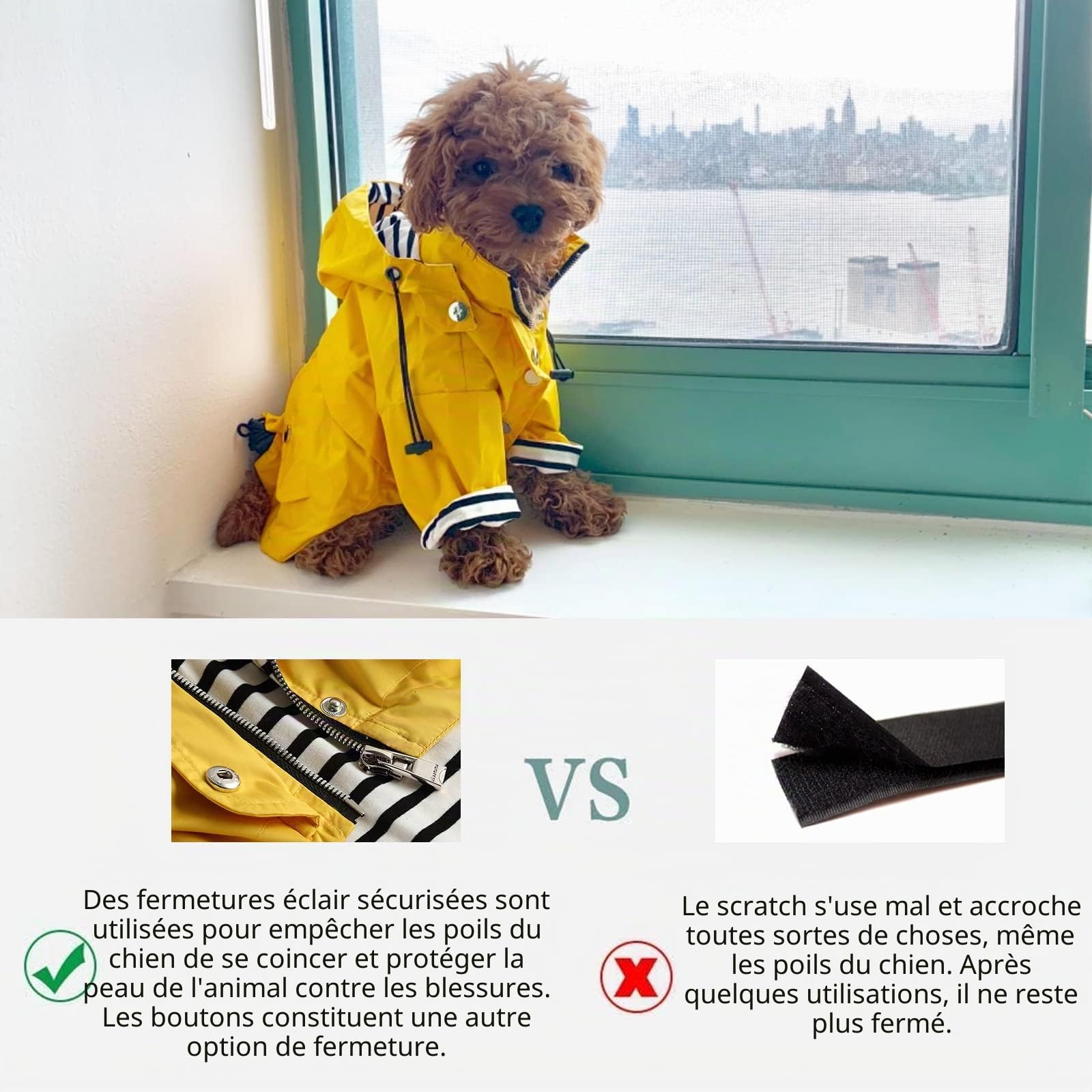 MOREZI Imperméable pour Chien, avec Boutons et Fermetures éclair réfléchissants, imperméable/Pluie, Cordon de Serrage réglable, Capuche Amovible-Jaune-L