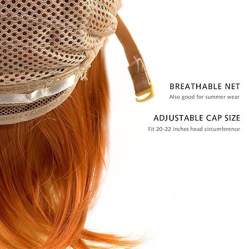 Miniatura 7 de Rose bud Peluca de anime de Halloween naranja oscuro para fiesta de cosplay, pelucas de pelo corto sintético en capas con flequillo, pelucas pastel