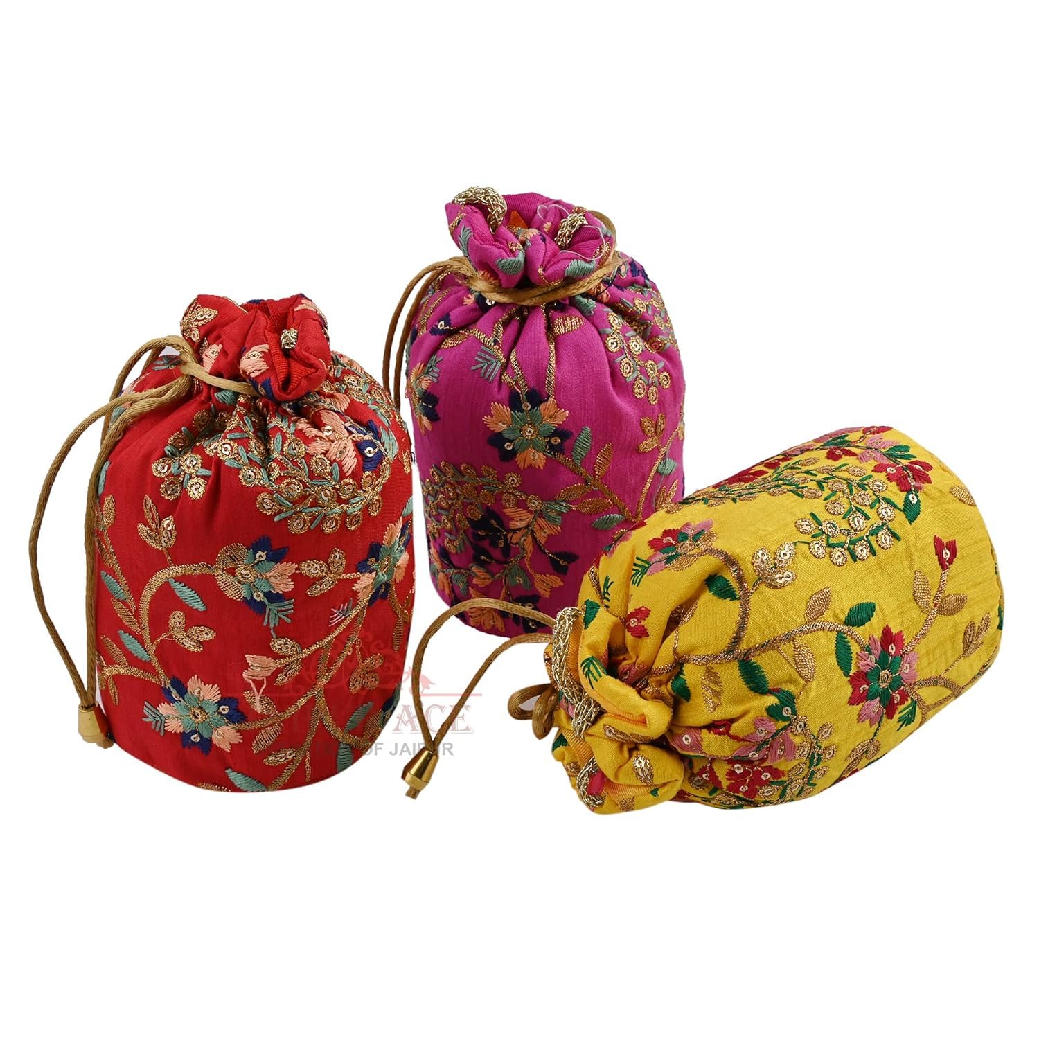 Jaipur Ace Ethnic Golden Rajasthani Potli Bag, Batwa, Floral Embroidery potli for Ladies Gift for Women Handbags Traditional Indian Wristlet with Drawstring Ethnic Embroidery Women Fashion (Pack of 3)-image-37