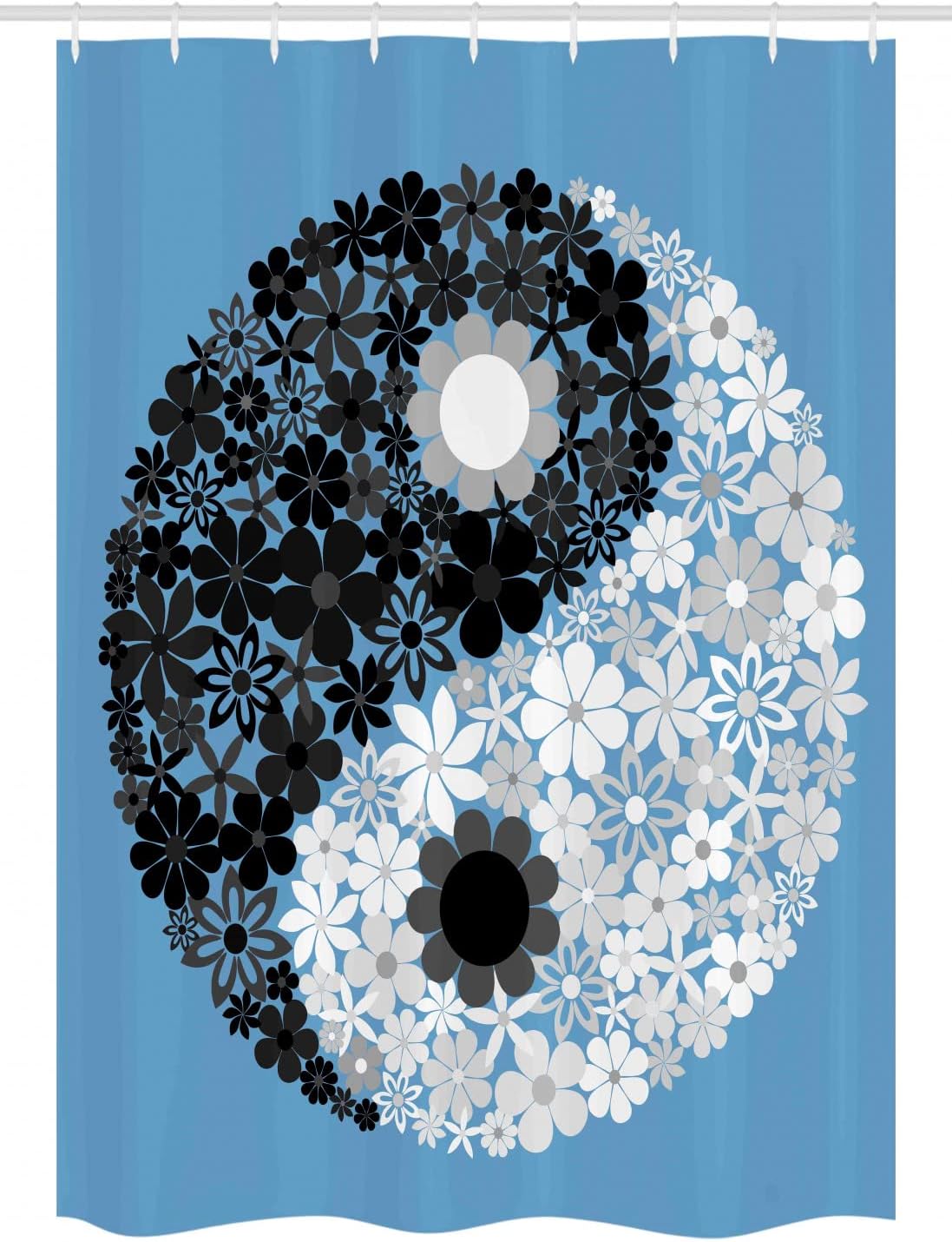 Ambesonne Ying Yang Stall Shower Curtain, Abstract Design Daisy Flower Power on Tao Sign Floral Themed Art, Fabric Bathroom Decor Set with Hooks, 54" W x 78" L, Blue Black Grey