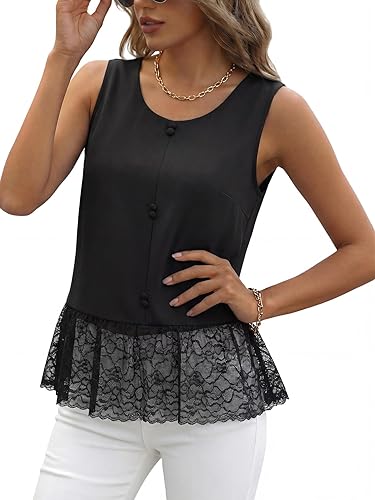 Rooscier Women's Lace Sheer Hem Round Neck Sleeveless Elegant Blouse Tank Tops B