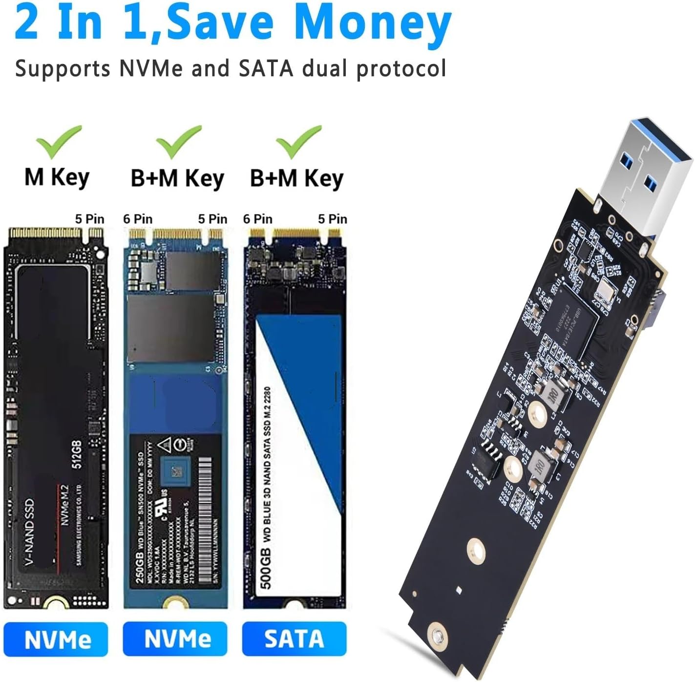 M.2 SATA/NVMe SSD to USB 3.1 Adapter PCI-E to USB 3.1 External Converter Card 10Gbps USB3.1 Gen 2 PCIe to USB3.1 Type A Adapter