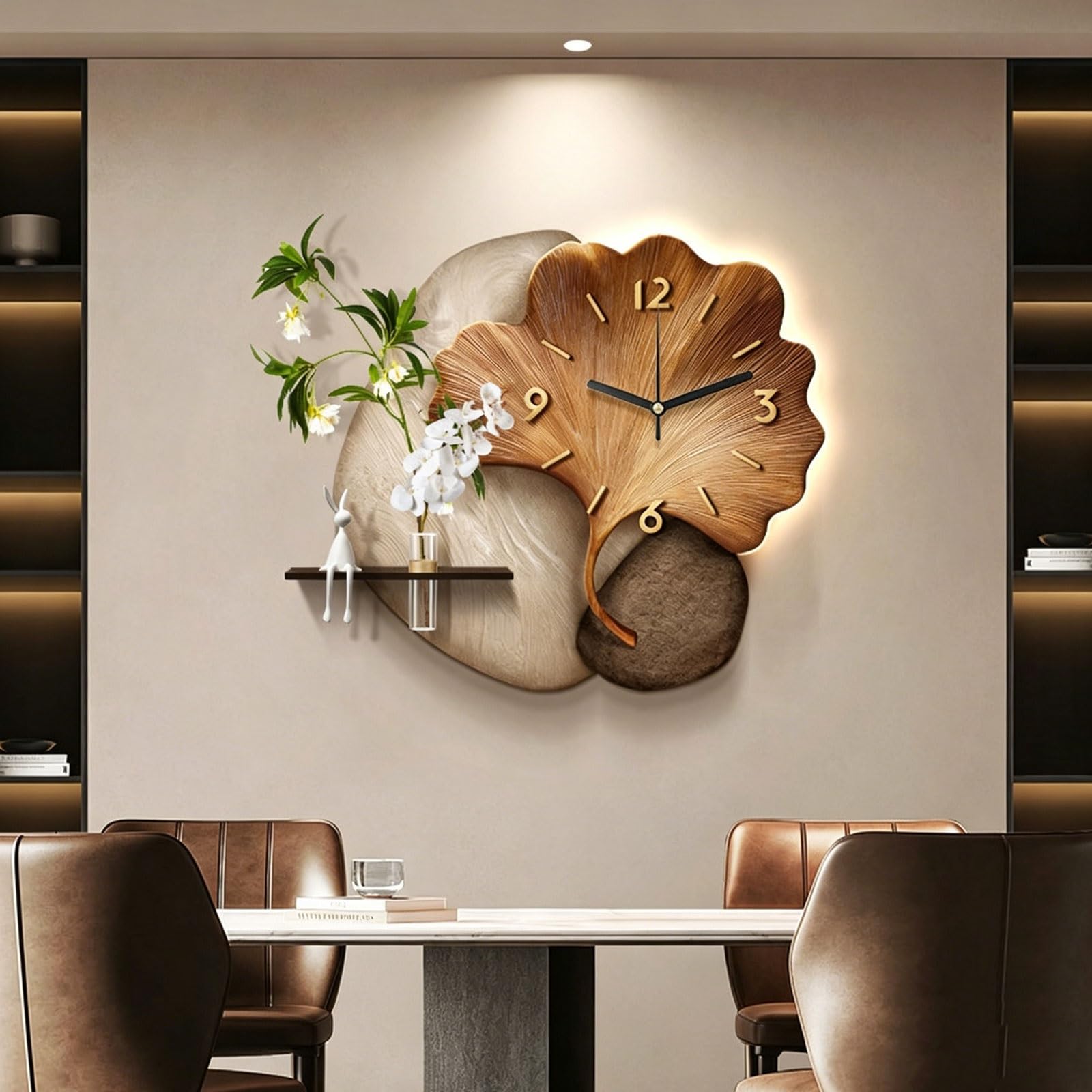 OECETCAWKD Modern 3D LED Wall Clock with Silent Non-Ticking, Sandstone Wall Art with Artificial Plants and Vase, Plug-in Power Supply Wall Decor for Living Room Dining Room(C,60 * 50CM/23.6 * 19.7IN)